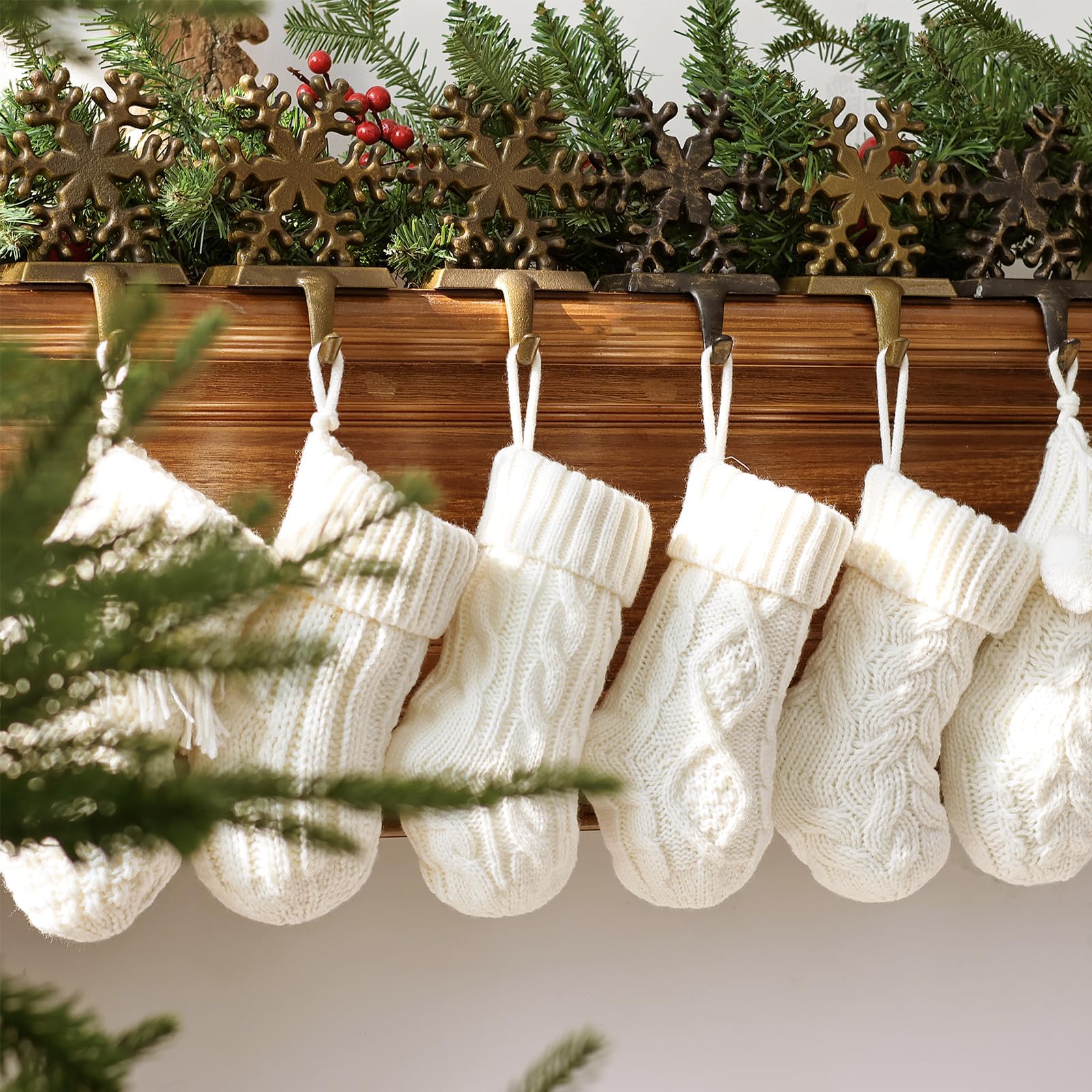 6 Pack Mini Knitted Christmas Stockings - 9 Inch Beige Cable Knit Fireplace Stockings for Holiday Decor | Rustic Boho Style Handmade Xmas Stocking Decorations | Perfect for Family Christmas, Fireplace Mantel & Cozy Home Décor (Cream White)