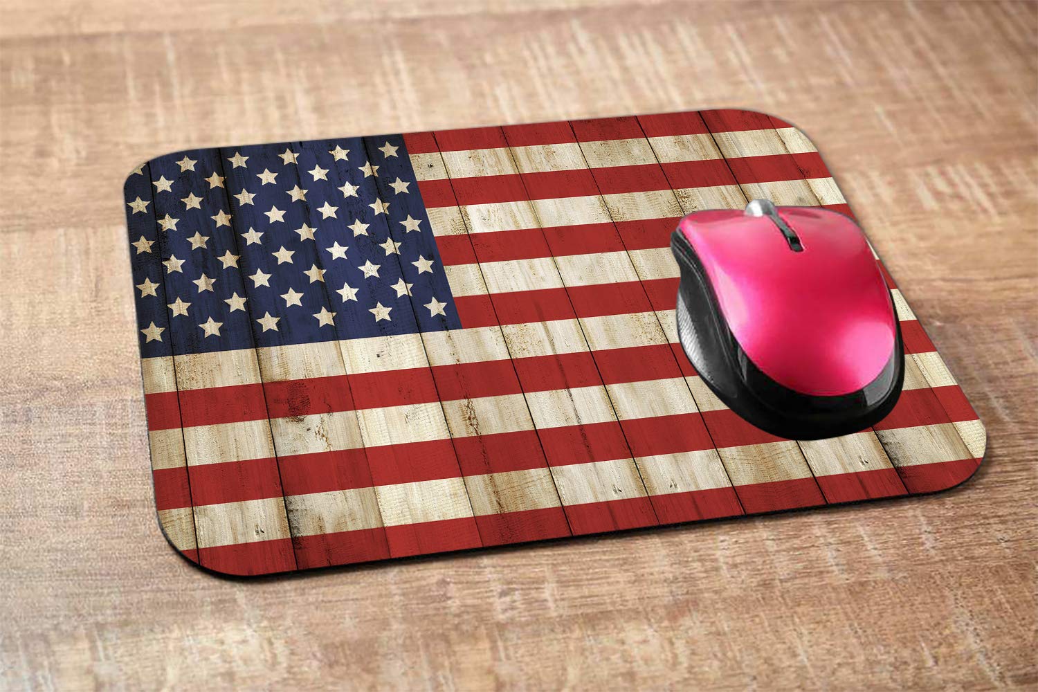 Patriotic USA Flag Gaming Mouse Pad - American Flag Design Wooden Fence Pattern Non-Slip Rubber Base (9.5