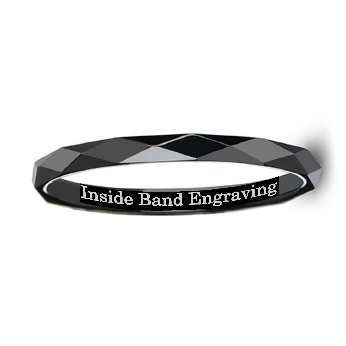 DAVINA 2mm Black Ceramic Wedding Band for Women - Polished Diamond Faceted Ring, Personalized Inside Engraving | Perfect for Anniversaries, Engagements & Everyday Elegance