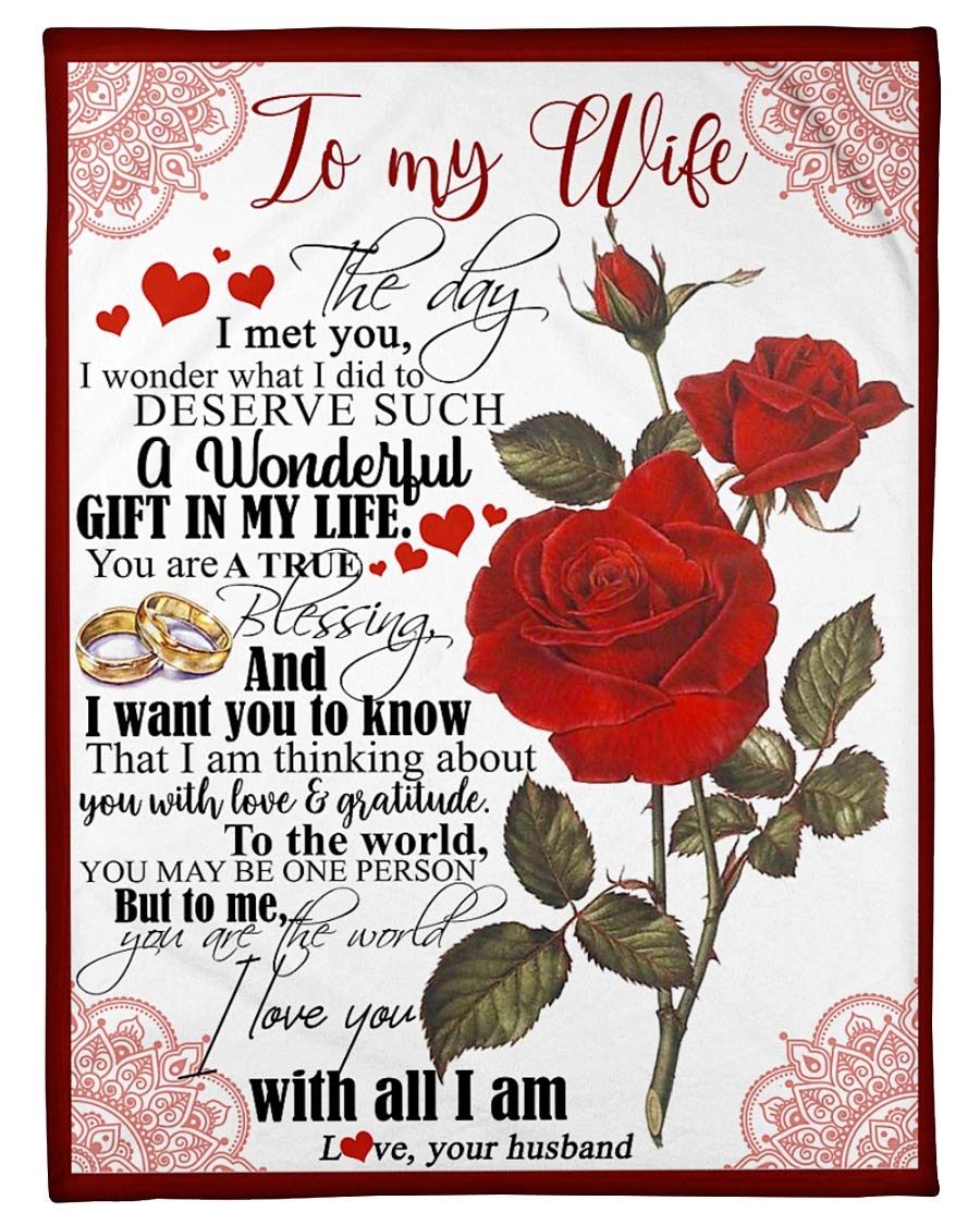 Custom Personalized Fleece Blanket for Wife - I Love You Gift with Rose Print & Name - Premium Soft White Throw Blanket - Perfect for Christmas, Anniversary & Romantic Gifts - Cozy Home Decor for Bedroom, Couch & Snuggling
