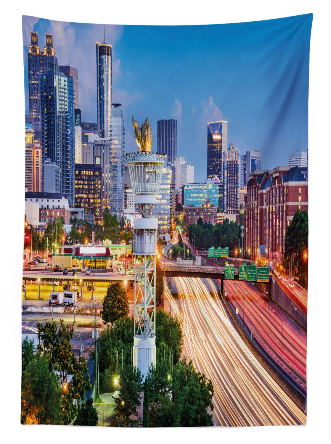 Ambesonne United States Outdoor Tablecloth - Atlanta Georgia Cityscape with Skyscrapers, Washable Picnic Table Cover 58x104 Inches, Pale Blue Yellow Coral Pattern - Perfect for BBQs, Patio Parties & Outdoor Dining