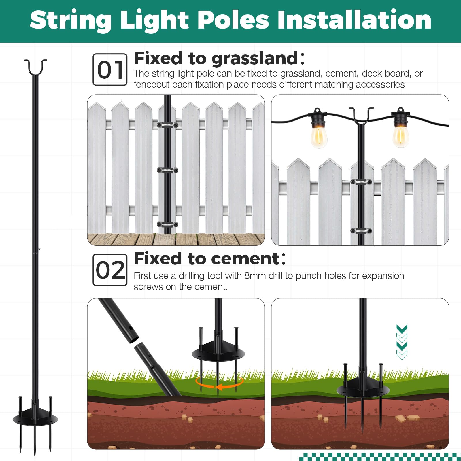 PULLAFUN 8 Pack 11FT Outdoor String Light Poles - 4-in-1 Hanging Stand for Patio, Garden, Bistro, Wedding & Party Decor (Black) | Perfect for Backyard, Deck & Outdoor Lighting