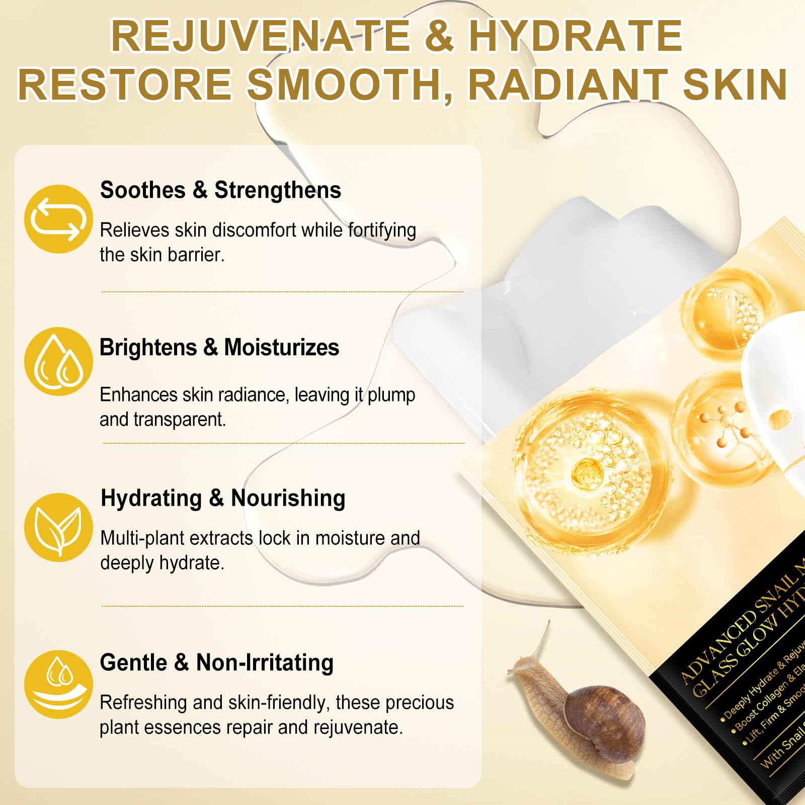 **Snail Mucin Sheet Facial Mask - Collagen & Hyaluronic Acid Deep Hydrating Overnight Mask for All Skin Types - Anti-Wrinkle & Lifting Treatment (4 PCS) - Perfect for Nighttime Skincare & Spa Days**