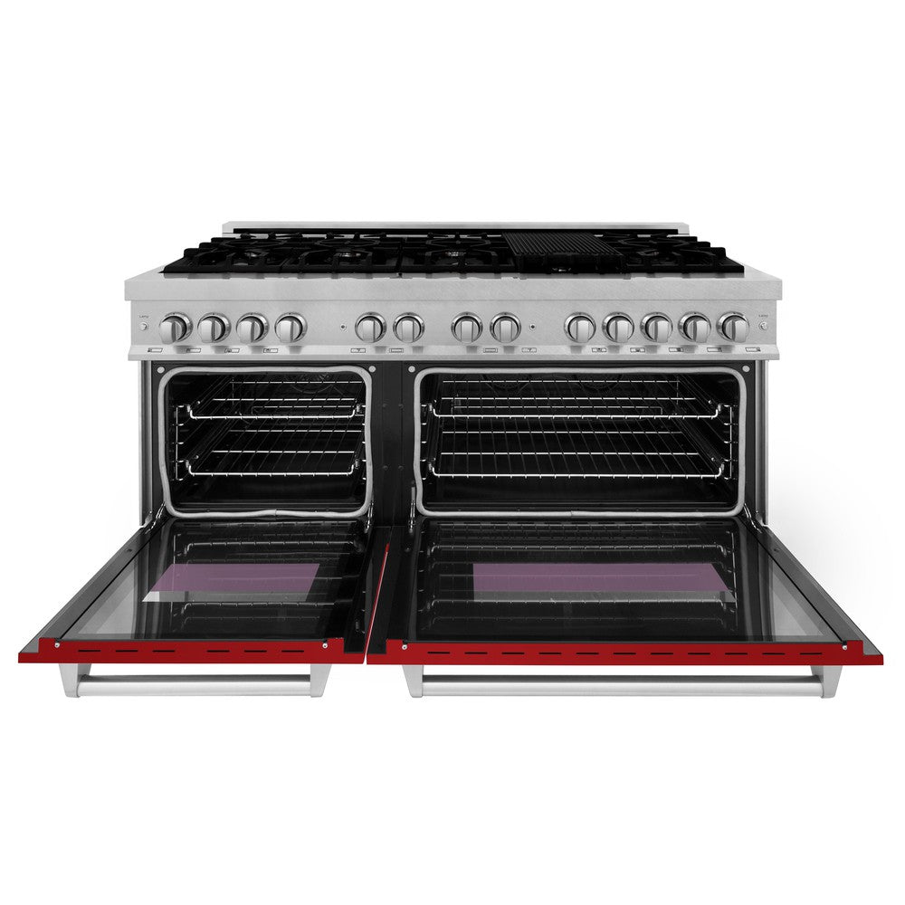 ZLINE 60-inch 7.4 cu. ft. Legacy Dual Fuel Range - 9 Burner Gas Cooktop & 2 Electric Convection Ovens - Satin Stainless Steel with Red Gloss Doors (RAS RG 60) - Perfect for Professional Home Chefs & Modern Kitchens