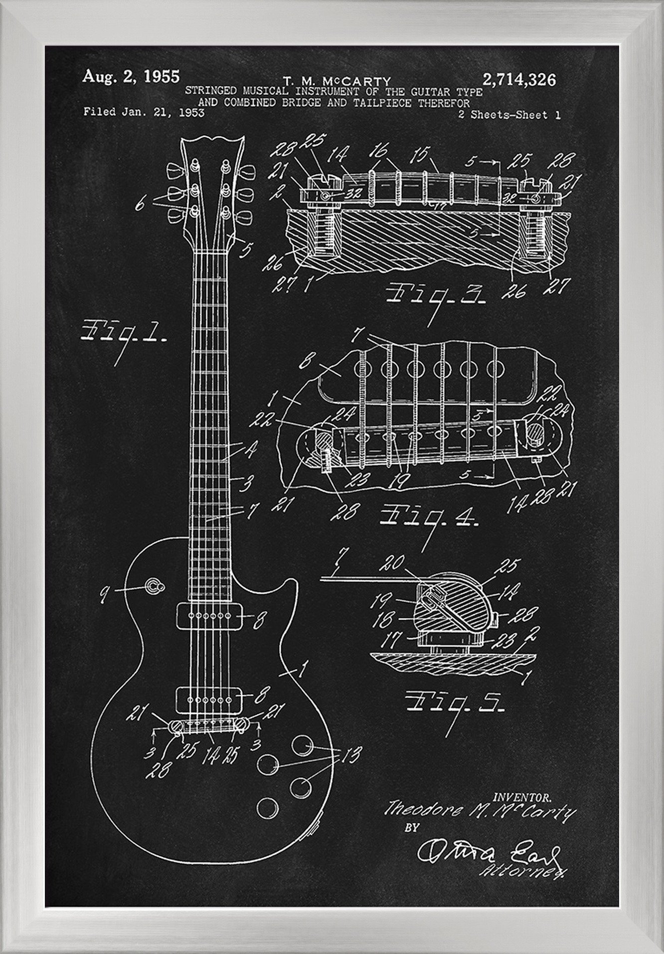 16x24 Giclee Fine Art Print of Blackboard Patent Guitar - Recycled Wood Frame in Silver | Perfect for Music Studios, Home Decor & Gift Ideas