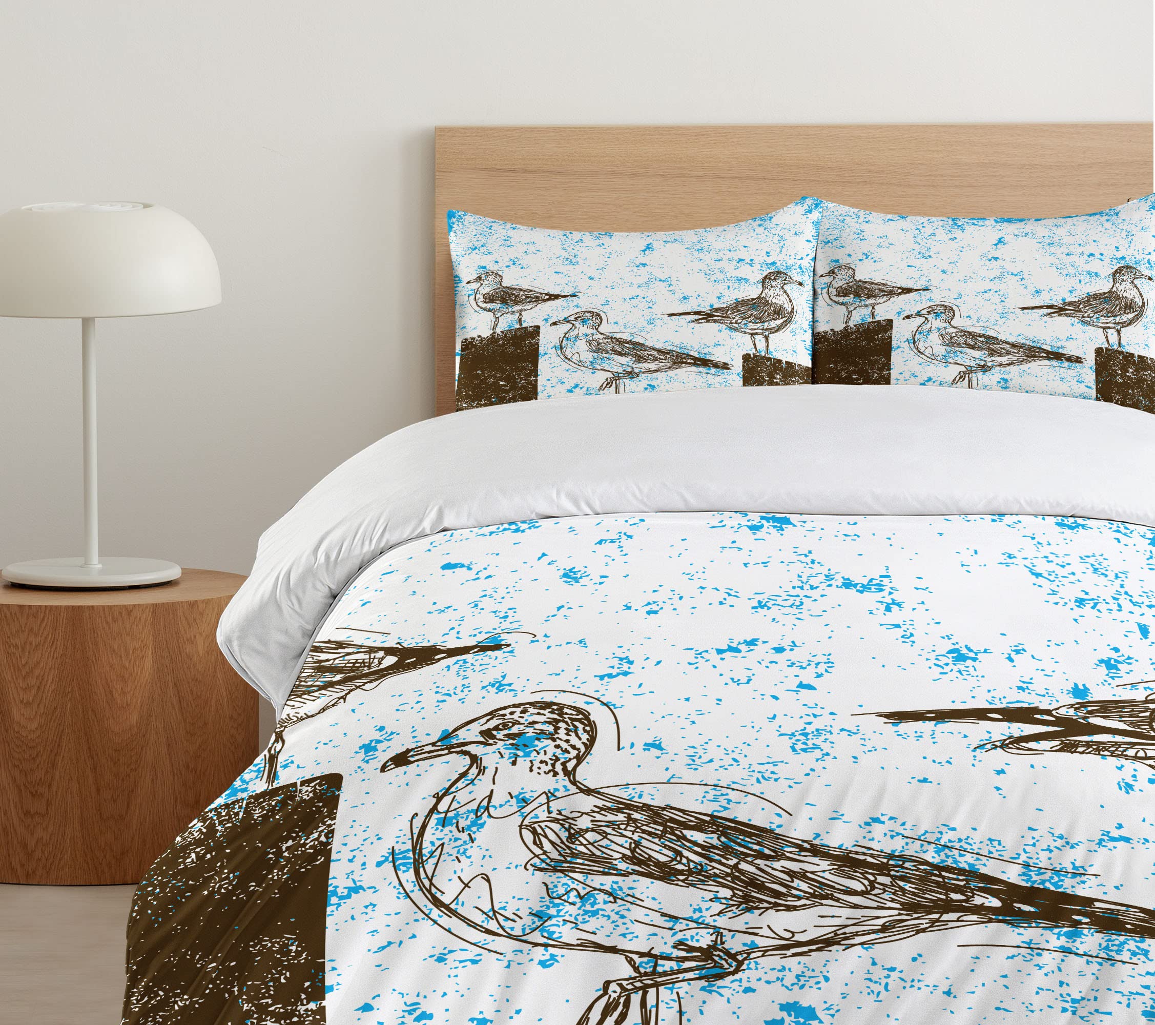 Ambesonne Seagulls Duvet Cover Set - Queen Size Blue White Brown Abstract Print 3-Piece Bedding with 2 Pillow Shams | Coastal Nautical Beach House Decor for Master Bedroom, Guest Room & Vacation Homes