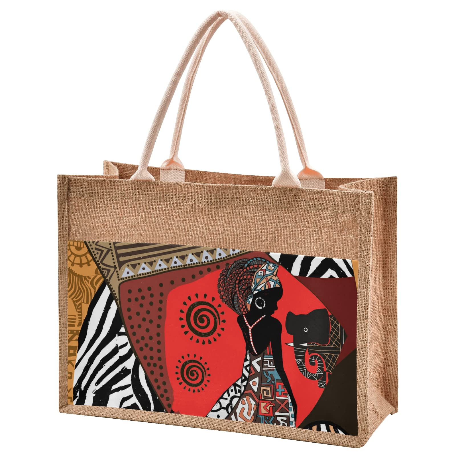 Stylish Ethnic Tribal Burlap Tote Bag with Zipper - Eco-Friendly Jute Reusable Shopping Bag for Women - Perfect for Groceries, Beach Trips & Farmers Markets