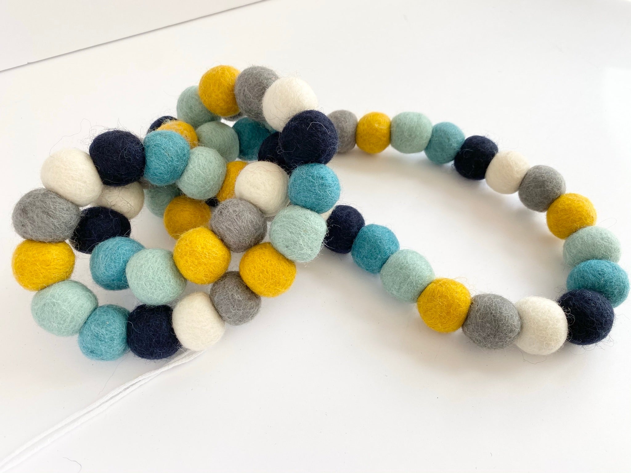 Blues Gold Neutral Felt Ball Garland - Handmade Wool Decor for Nursery, Wedding, Christmas & Home Decoration