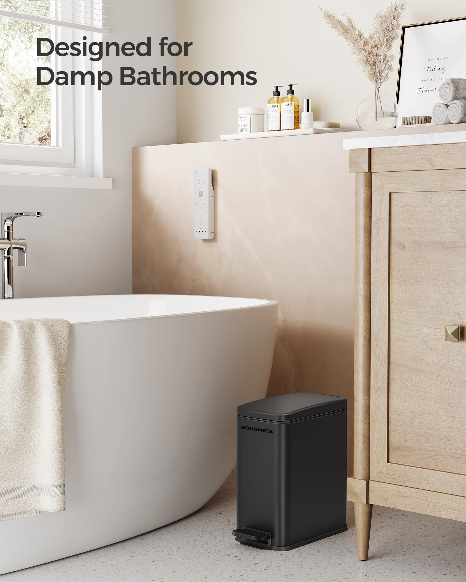 SONGMICS 1.3 Gallon Stainless Steel Bathroom Trash Can with Lid - Slim Small Garbage Bin for Tight Spaces, Soft Close Design, Black (ULTB560B05) - Perfect for Bathrooms, Kitchens, Offices & Small Apartments