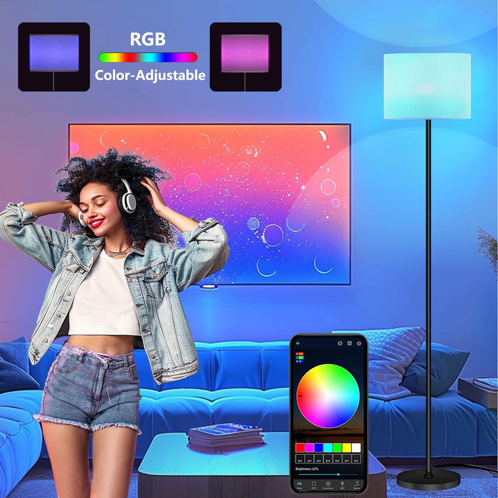Modern LED Floor Lamp with Remote Control - Dimmable Color Temperature & Brightness, Adjustable Standing Lamp for Living Room, Bedroom, Office - Perfect for Reading, Relaxing & Ambient Lighting (Black/White, 9W Bulb)