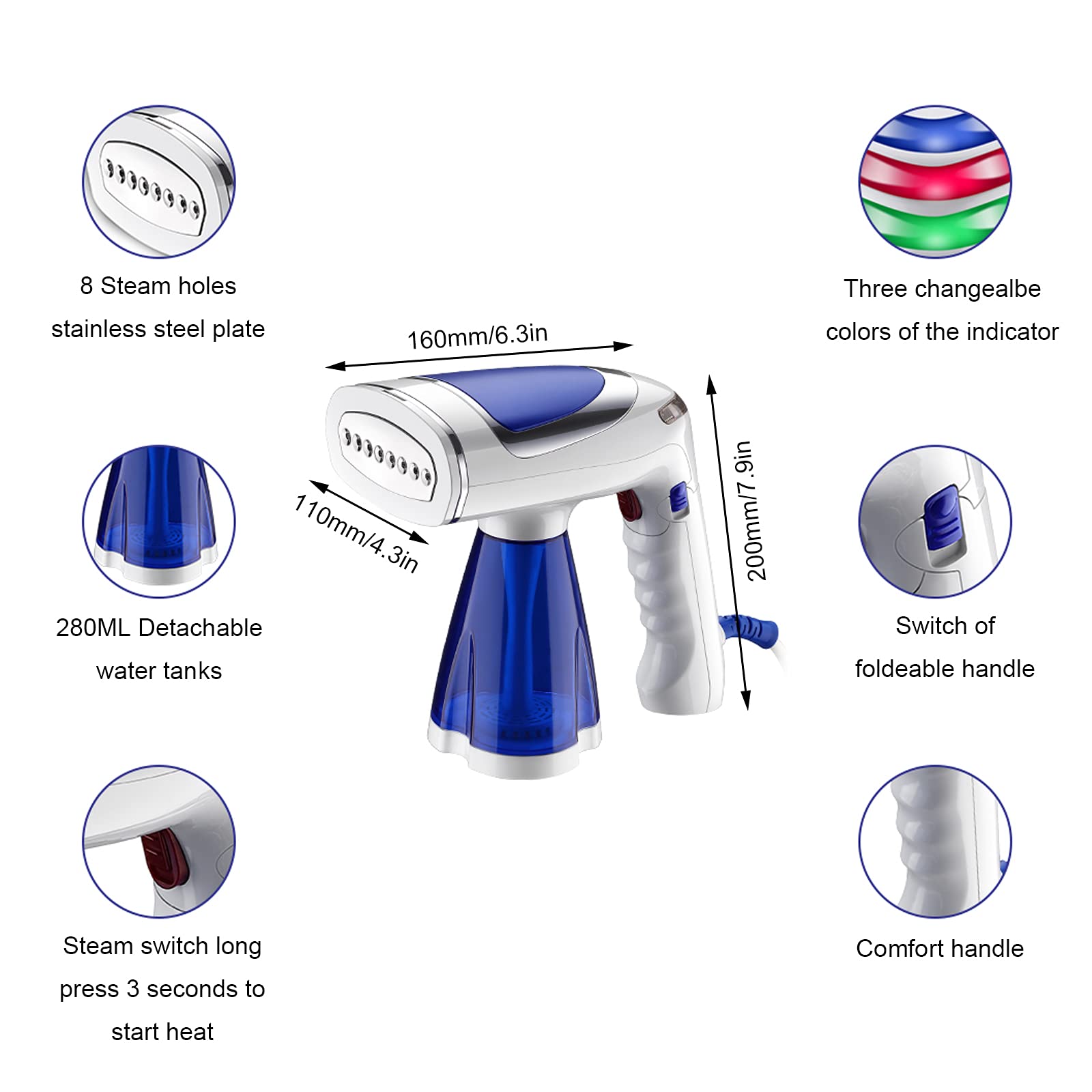 Portable Handheld Clothes Steamer for Home & Travel - 250ml Large Detachable Water Tank, 35-Second Fast Heat-Up, Auto Shut-Off, No Water Spitting - Perfect for Wrinkle Removal on All Fabrics, Suits, Dresses & Curtains