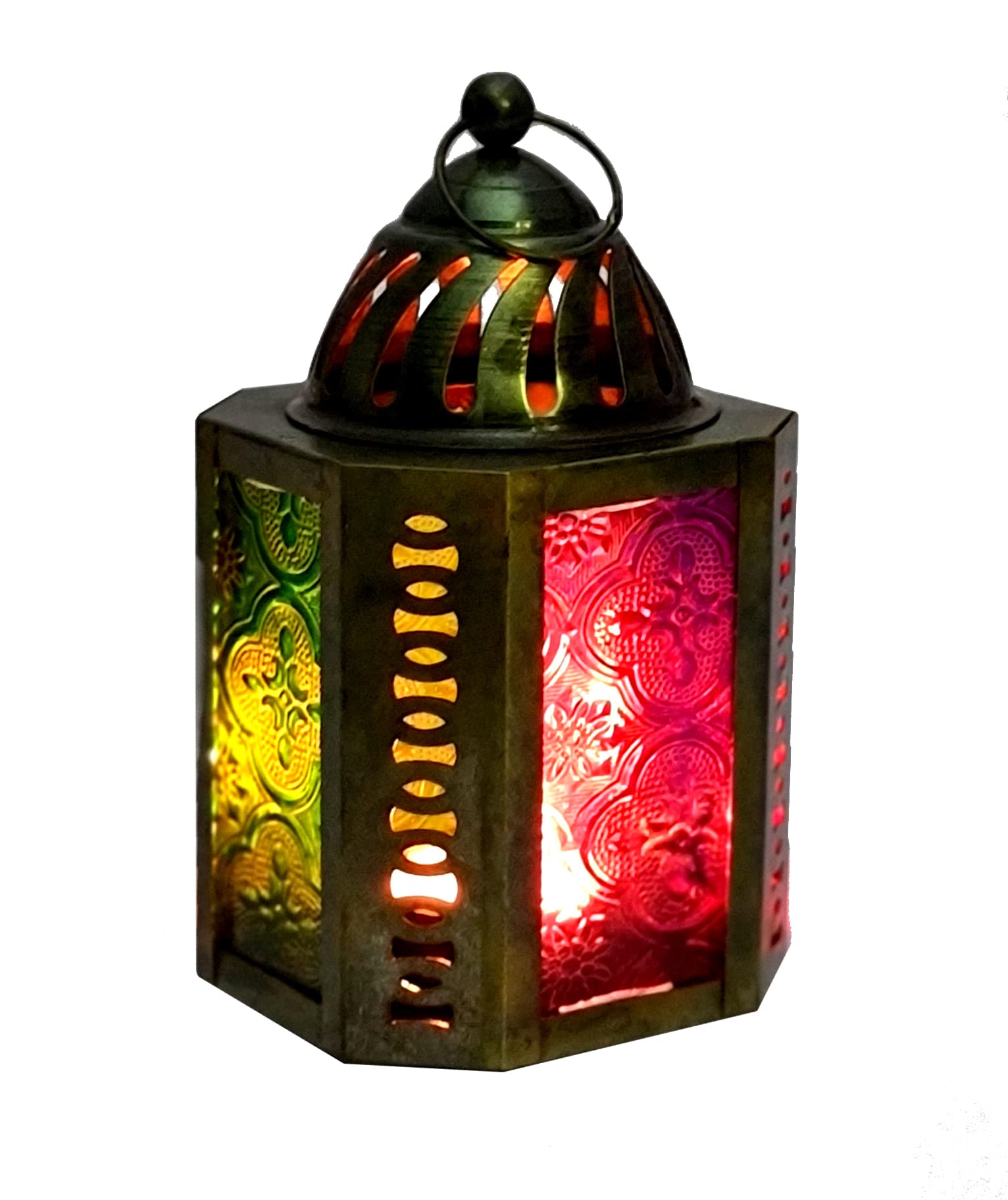 eSplanade Moroccan Lantern - Handcrafted Metal Hanging Lamp with Vibrant Multi-Colored Glass Panels | Tealight Candle Holder (5.5 Inch) - Perfect for Patio, Garden, Wedding Decor & Boho Home Decor
