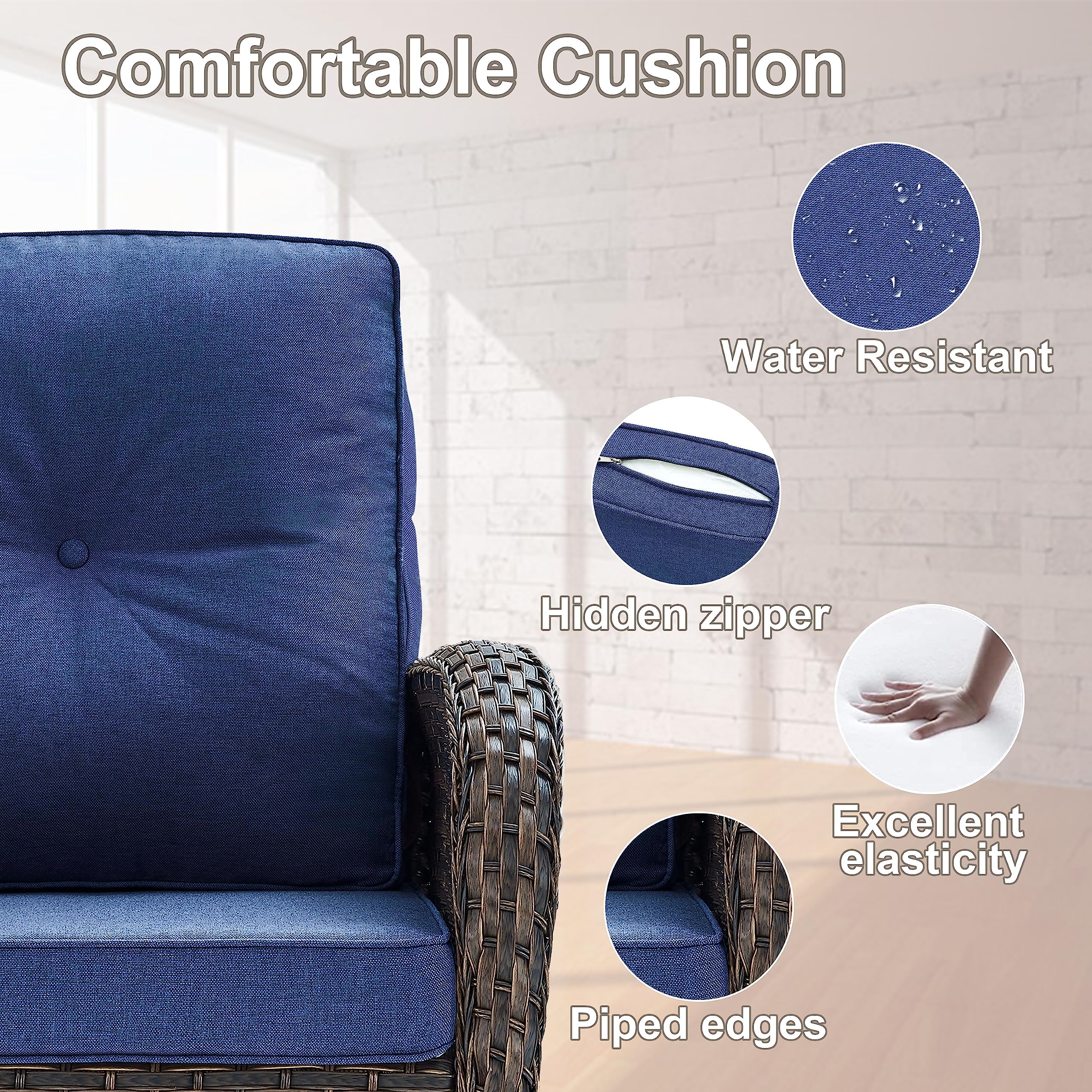 PE Wicker Patio Swivel Glider Chair with Cushions - Outdoor Rocking Chair for Porch, Deck & Balcony - Brown Wicker with Blue Cushion - Perfect for Relaxing, Sunbathing & Entertaining Guests