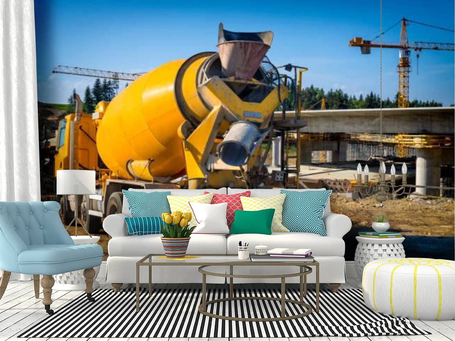 RECETHROWS Removable Peel and Stick Wallpaper - Concrete Mixer Truck Construction Scene Vinyl Wall Mural for Home Decor | Self-Adhesive Large Wall Sticker for Kids Room, Nursery, Office & Living Room