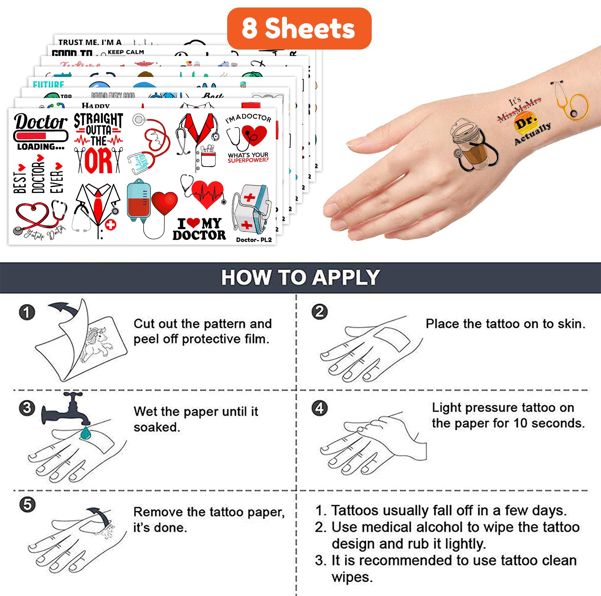 96PCS Funny Doctor Medical Equipment Temporary Tattoos - Themed Birthday Party Decorations, Favors & Supplies - Cute Healthcare Nurse Pharmacy Tattoo Stickers - Perfect Gifts for Kids, Boys & Girls - Ideal for School Prizes, Halloween Costumes & Role Play Activities