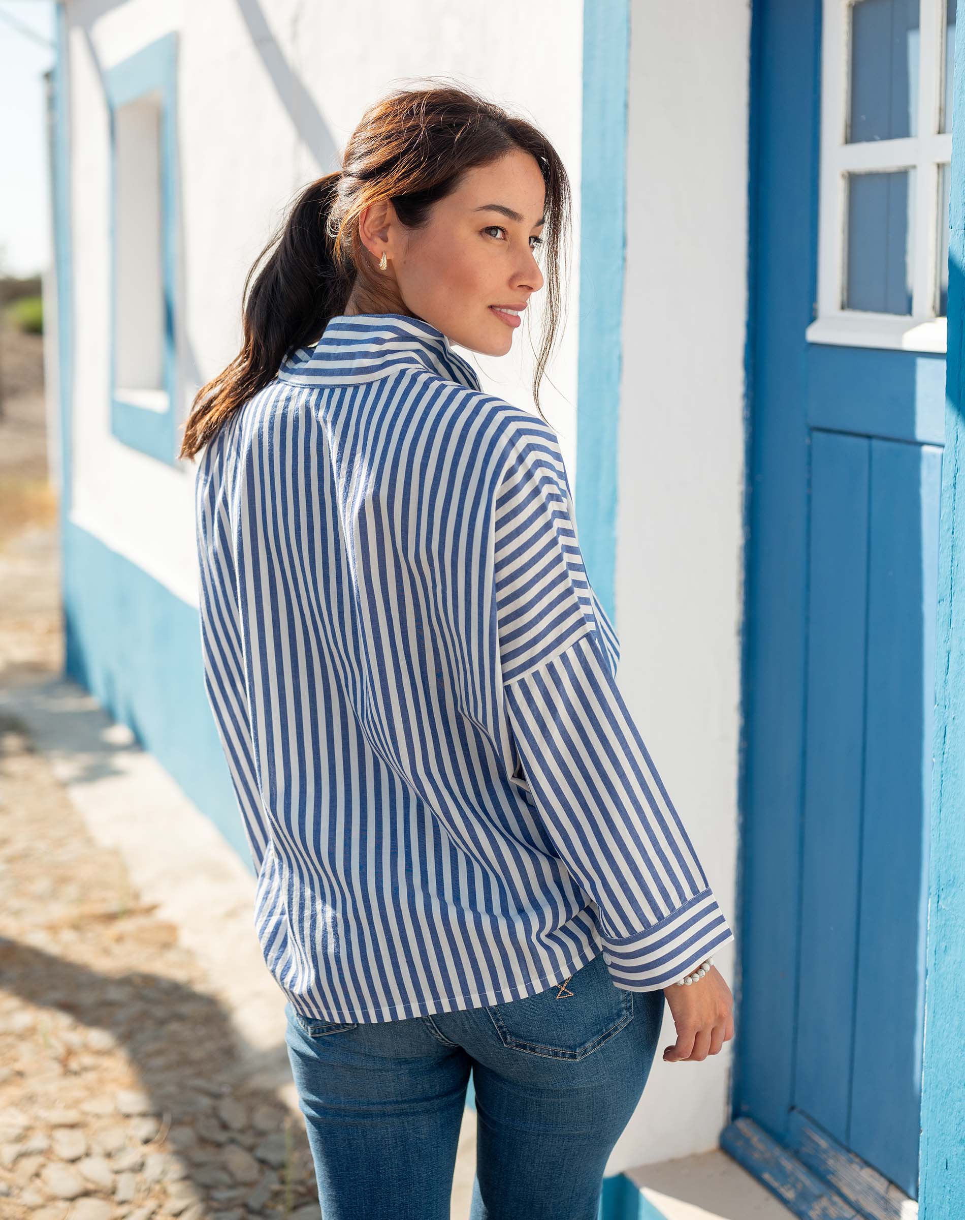 Emerson Pop Up Collar Top for Women - Marina Blue Striped Casual Shirt | Perfect for Office Wear, Summer Outfits & Beach Vacations