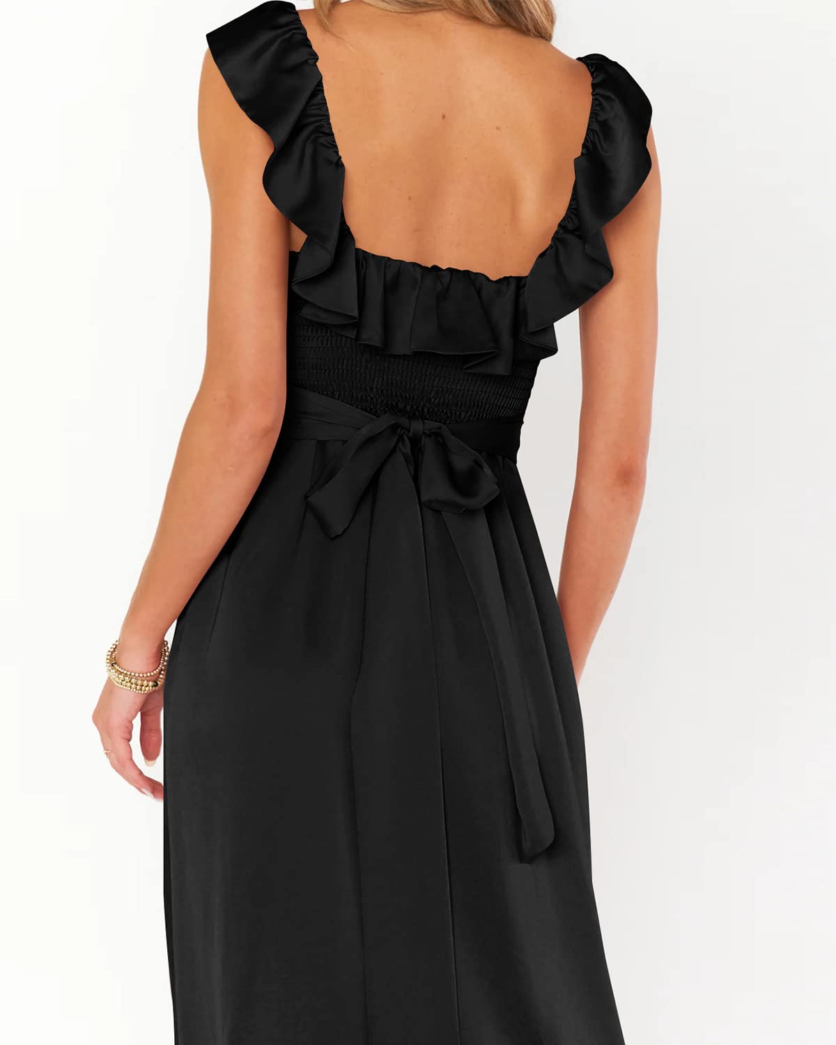 Houstil Women's Summer Wrap Maxi Dress - Ruffle Satin Sleeveless Tie Waist Beach Wedding Guest Bridesmaid Dresses for Vacation, Party & Special Occasions