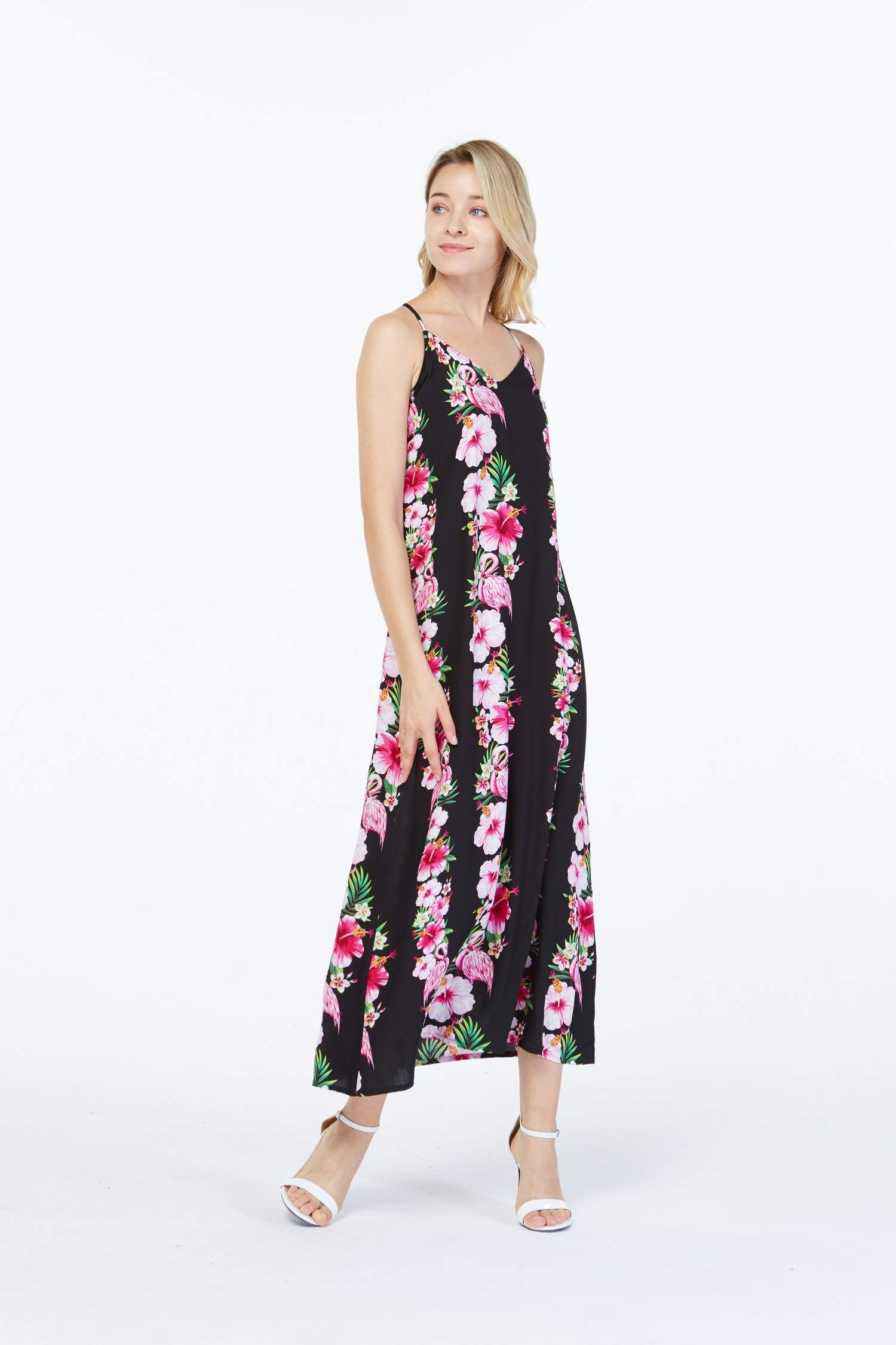 Women's Hawaiian Luau Pink Hibiscus Vine Maxi Sweetheart Dress - Floral Summer Beach Party, Vacation, Tropical Wedding Guest Outfit