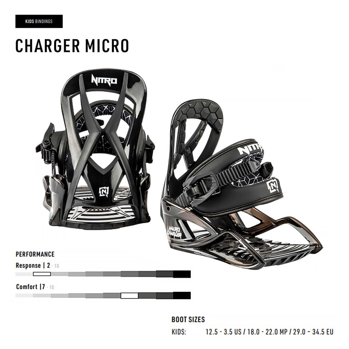 Nitro Micro Charger Kids Snowboard Bindings (Size 12.5-3.5) - Youth Snowboard Bindings for Boys & Girls - Perfect for Beginner Snowboarders & Mountain Adventures 2022 Model
