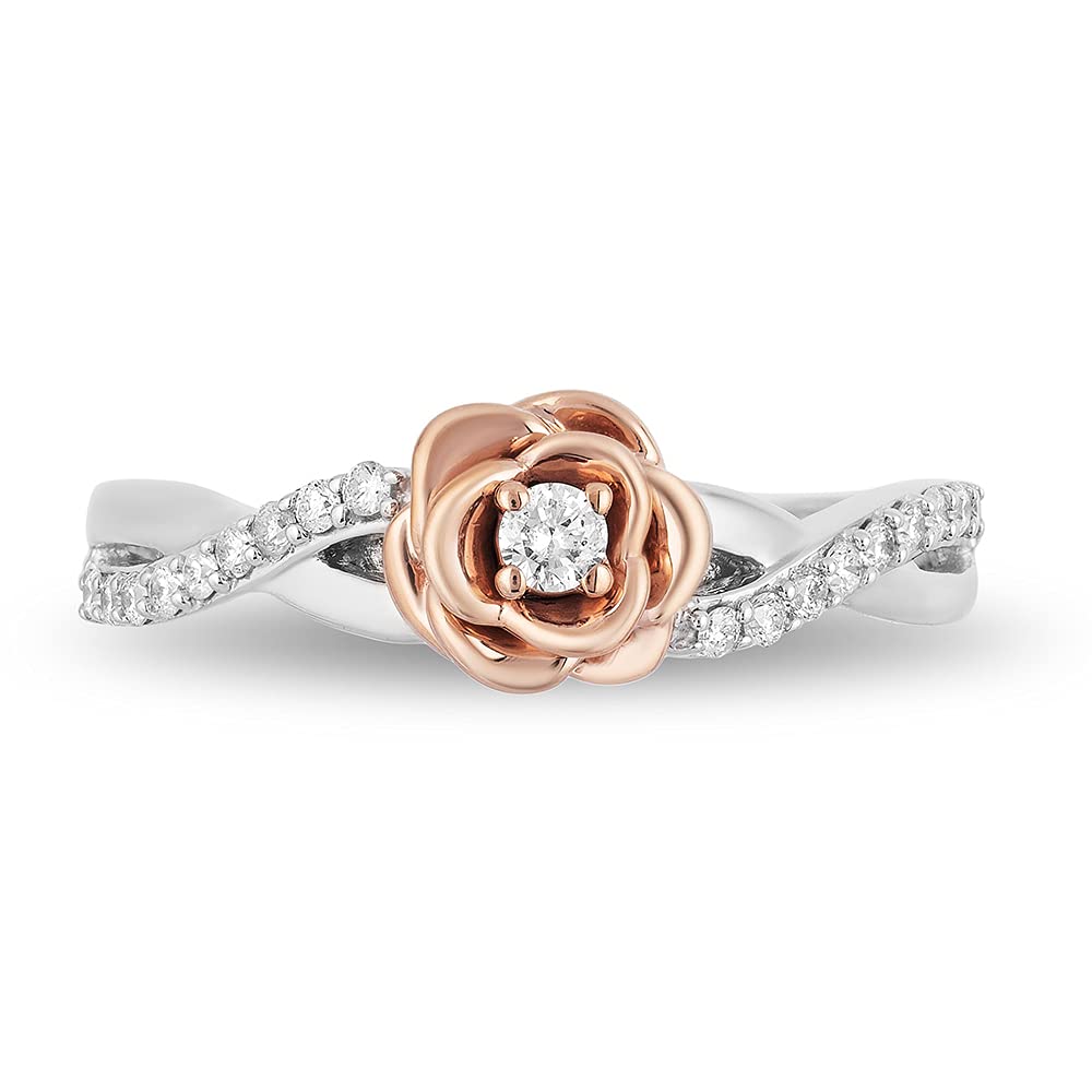 Enchanted Disney Belle Rose Ring - Sterling Silver & 10K Rose Gold with 1/5 Cttw Diamonds | Fine Jewelry for Women | Perfect for Disney Fans, Weddings & Special Occasions