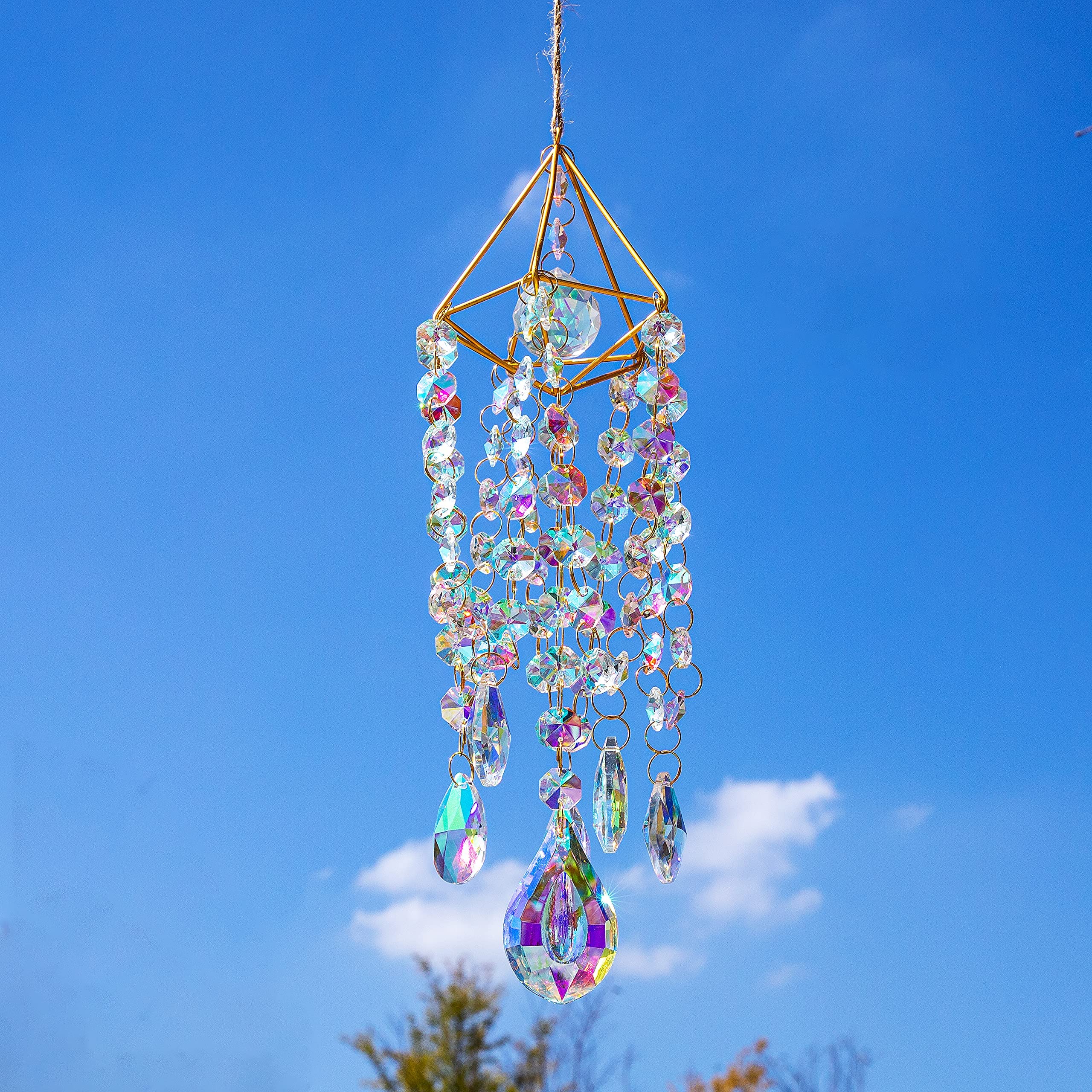 Handmade Gold Plated Crystal Suncatchers for Windows - Rainbow Maker Wind Chime Style Garden Decor for Indoor & Outdoor Use | Perfect for Living Room, Bedroom, Patio, and Gift Giving