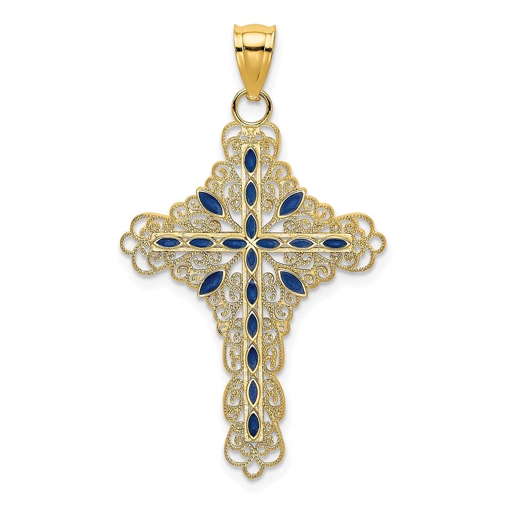 14K Yellow Gold Blue Enamel Filigree Cross Charm Pendant - Elegant Religious Jewelry for Women, Perfect for Gifts, Church, Weddings & Everyday Wear