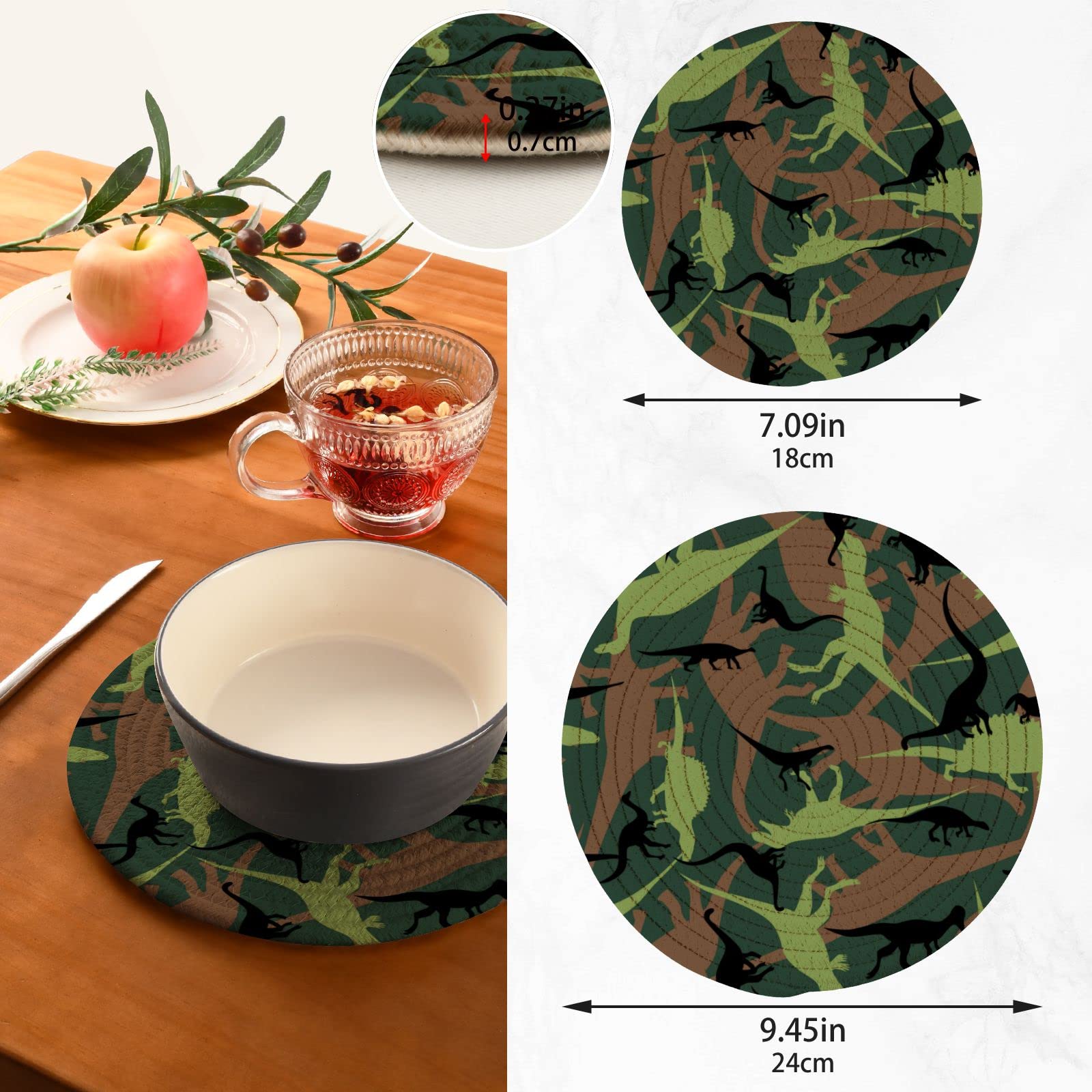 Dinosaur Camouflage Pot Holders Set of 2 - Heat Resistant Cotton Round Trivets for Kitchen, Hot Dishes & Teapots - Perfect for Cooking, Baking & Serving