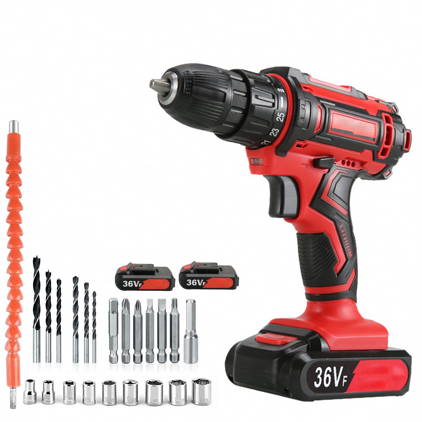 36V Cordless Drill Set with 2 Batteries & Charger + 24-Piece Accessories - 3/8-Inch Keyless Chuck, Variable Speed, 40Nm Max Torque - Perfect for Home DIY Projects, Woodworking, Metal Drilling, and Screw Tightening/Loosening (Red)
