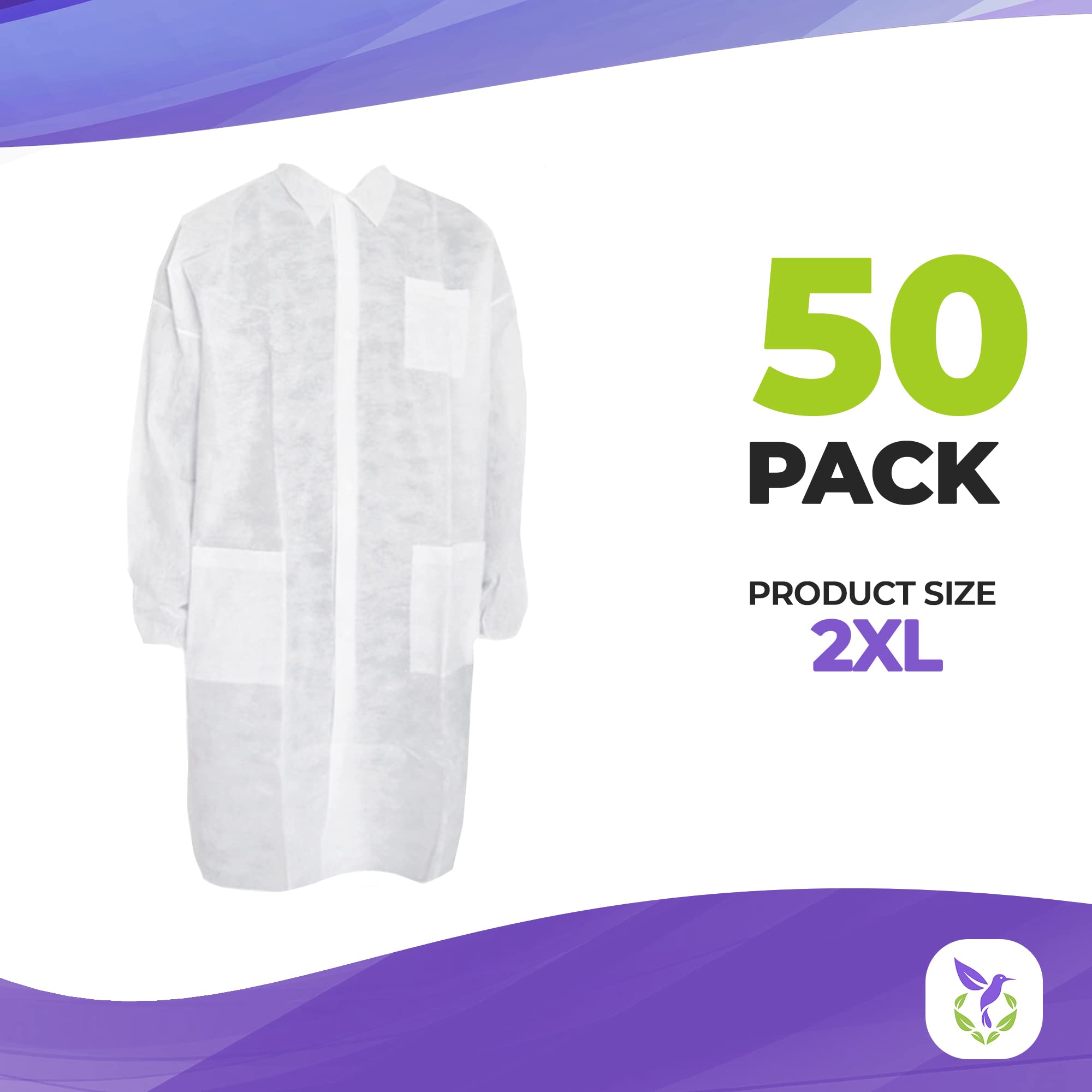 Disposable Lab Coat for Men & Women - White Medical PPE Coat, 2XL (Pack of 50) | Spunbonded PP 30 GSM, Elastic Wrists, Front Snaps & Pockets | Ideal for Healthcare Workers, Laboratories & Cleanrooms