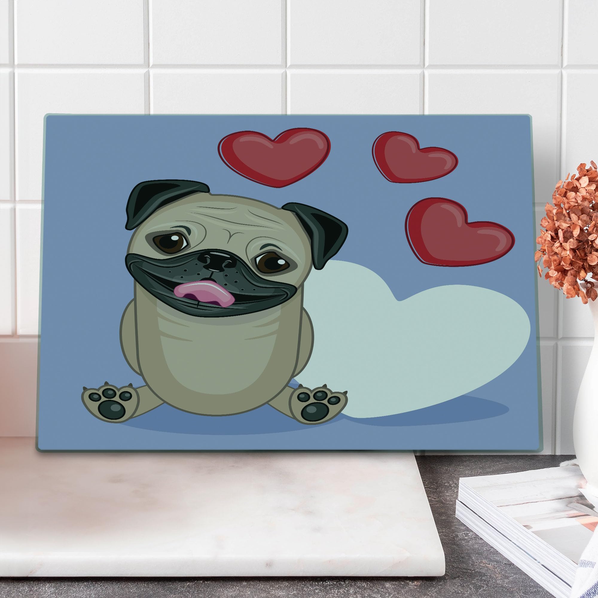 Ambesonne Pug Themed Tempered Glass Cutting Board - Happy Dog Licking Lips with Red & White Hearts Design - Large Decorative Serving Board for Kitchen & Dining - Perfect for Cheese, Charcuterie & Party Platters (Pale Brown Red)