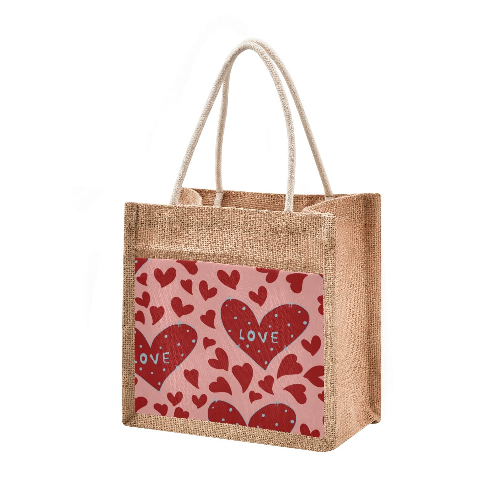 ALAZA Heart Print Valentine's Day Love Jute Tote Bag for Women - Eco-Friendly Grocery Shopping Bag with Sturdy Handles - 8.7 x 11.8 x 5.9 Inches - Perfect for Outdoor Travel, Beach Trips & Farmers Market