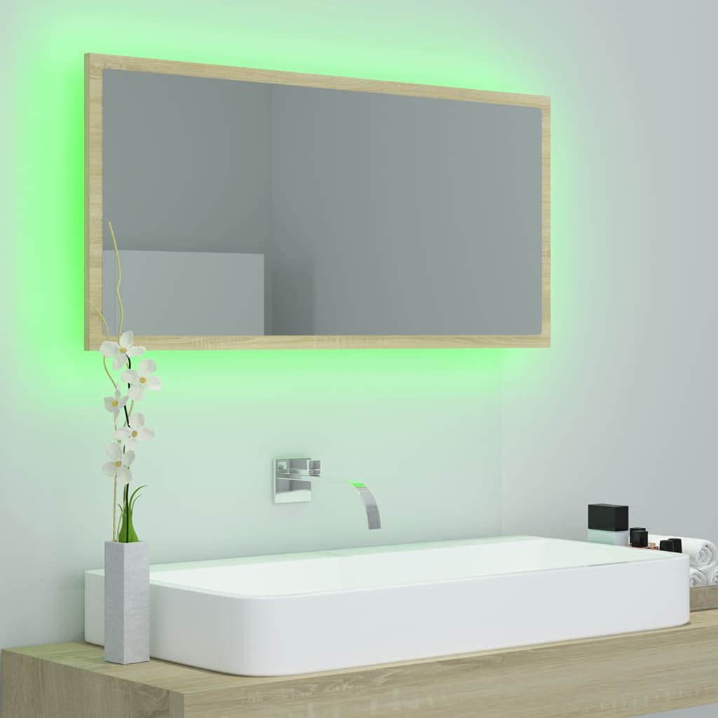 LED Bathroom Mirror with Lights - Acrylic Vanity Mirror for Makeup, Wall Mounted Decorative Mirror, Sonoma Oak Finish, 35.4
