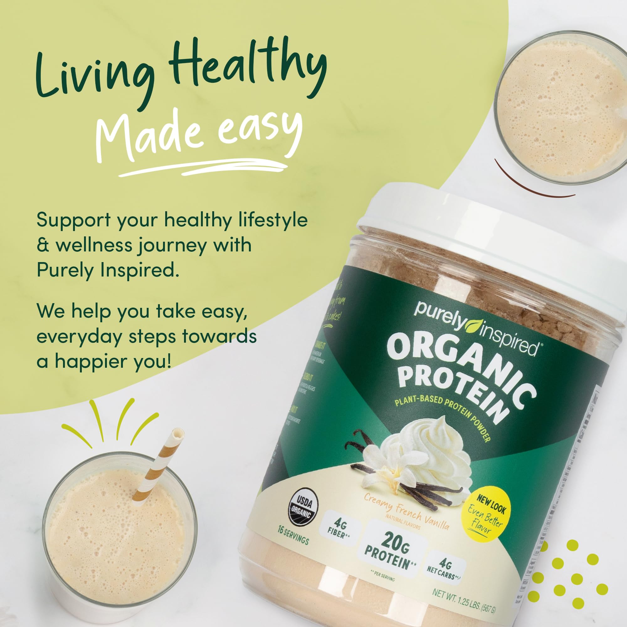 Purely Inspired Organic Vegan Plant-Based Protein Powder - Creamy French Vanilla Flavor, 20g Pea Protein per Serving (16 Servings) - Dairy-Free, Gluten-Free, Non-GMO - Perfect for Smoothies, Shakes & Post-Workout Recovery