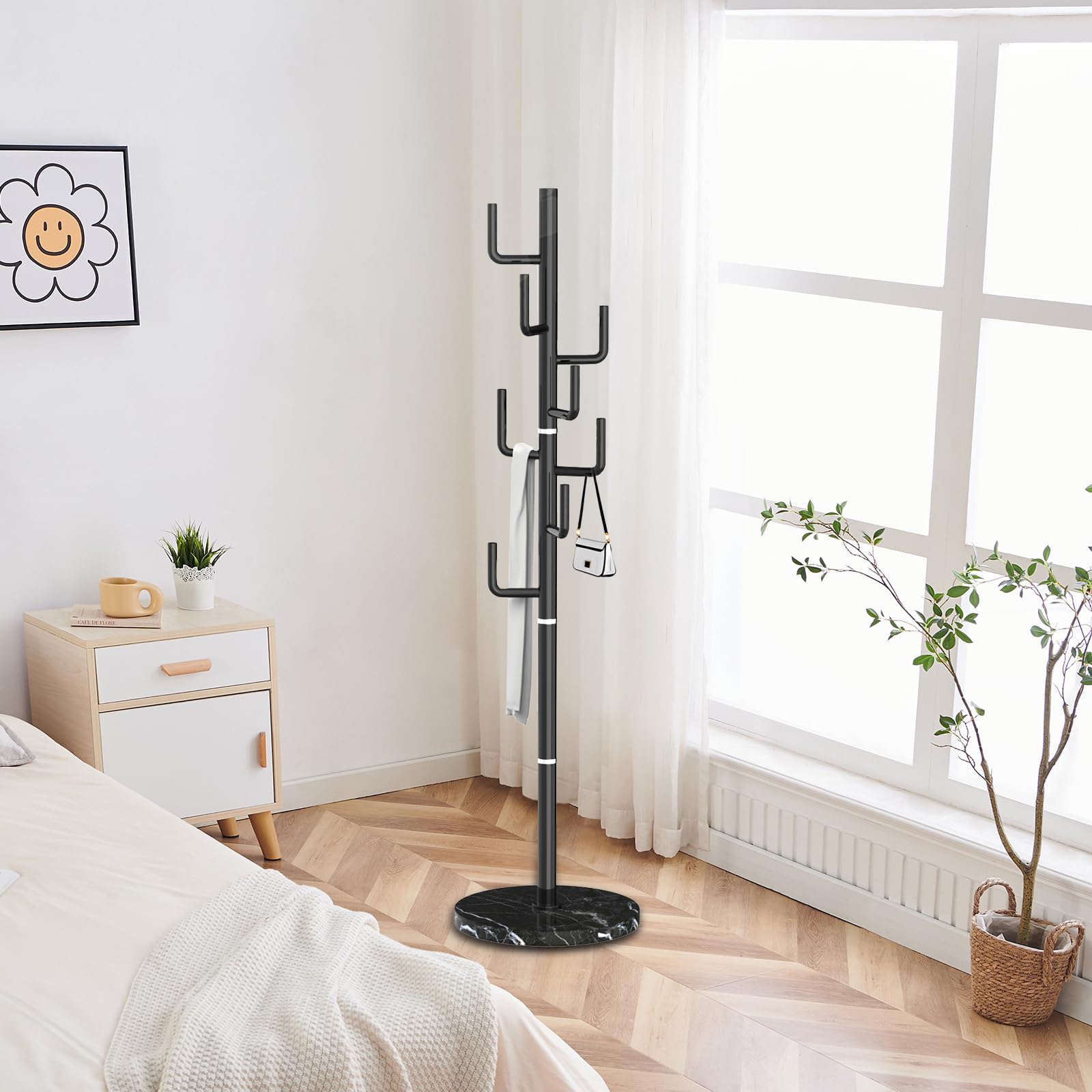 Stylish Metal Modern Coat Racks - Freestanding Cactus Design with Natural Marble Base, 8 Hooks for Hats, Bags & Jackets - Perfect for Entryway, Office & Home Organization