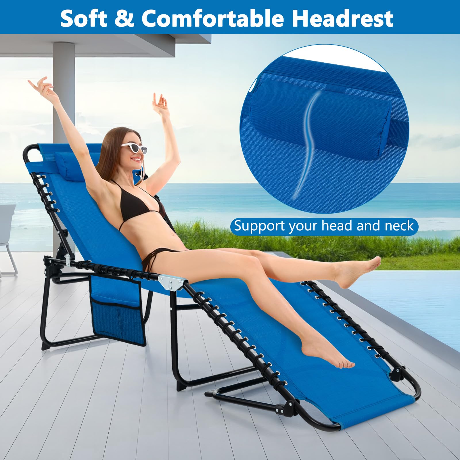 Giantex 2-Pack Folding Patio Lounge Chairs with Headrest - Adjustable Tanning Chairs for Outdoor, 4 Position Settings & Side Pocket - Perfect for Backyard, Poolside, Beach Sunbathing & Camping - Navy Blue