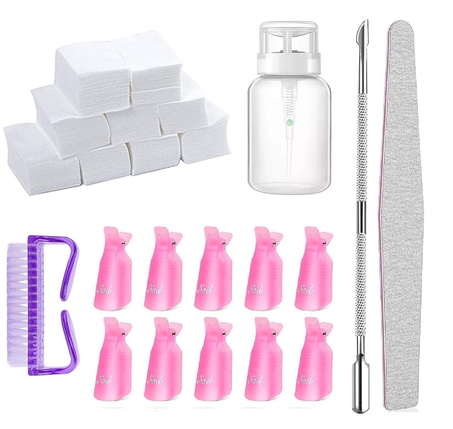 Professional Nail Polish Gel Remover Kit - 1000 Cotton Pads, 10 Soak Off Cap Clips, Nail File, Press Bottle, Brush & Cuticle Pusher | At-Home & Salon Manicure & Pedicure Essential Tools