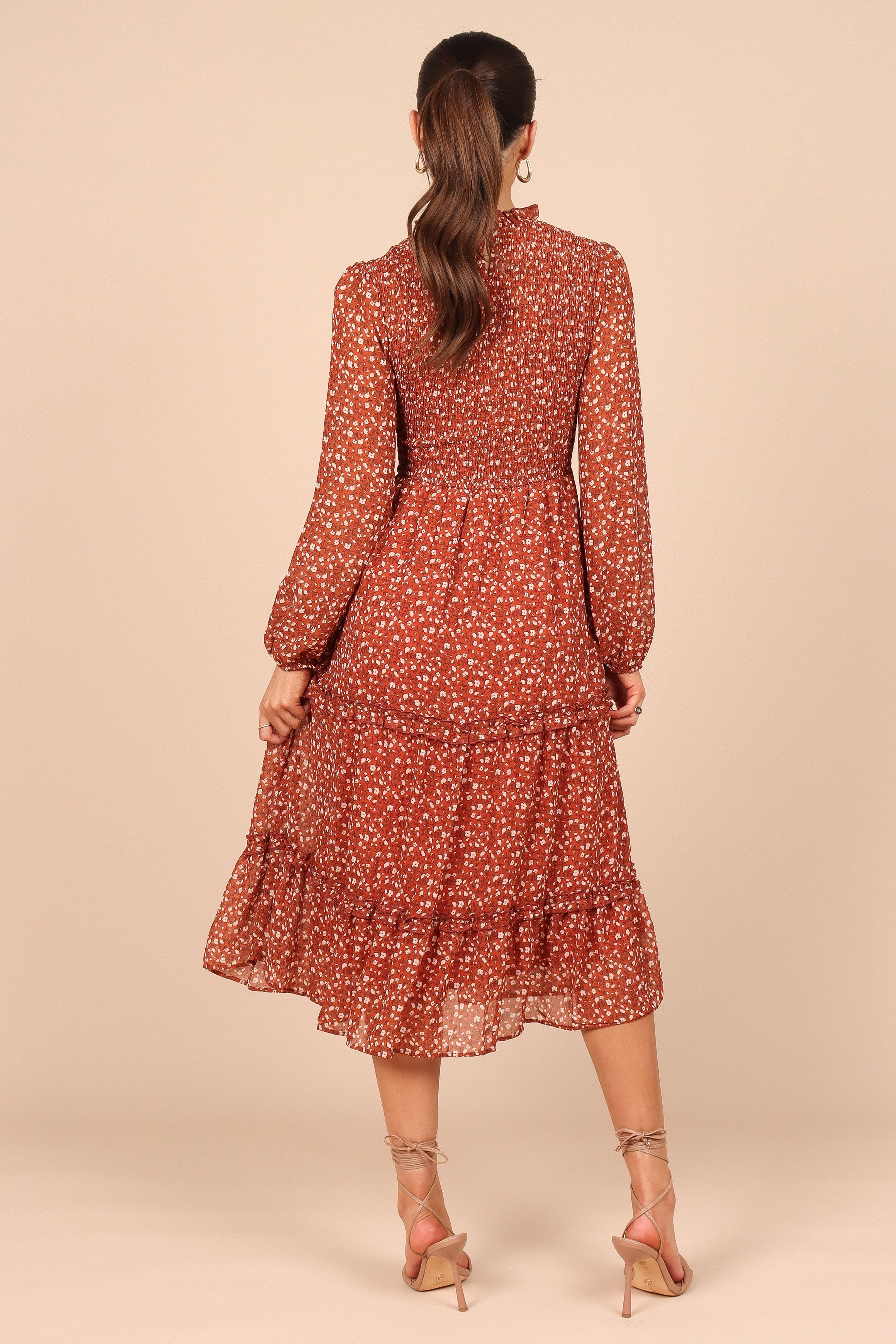 Edwina Women's Rust Floral Shirred Frill Long Sleeve Midi Dress - Elegant Boho Style for Parties, Weddings & Date Nights