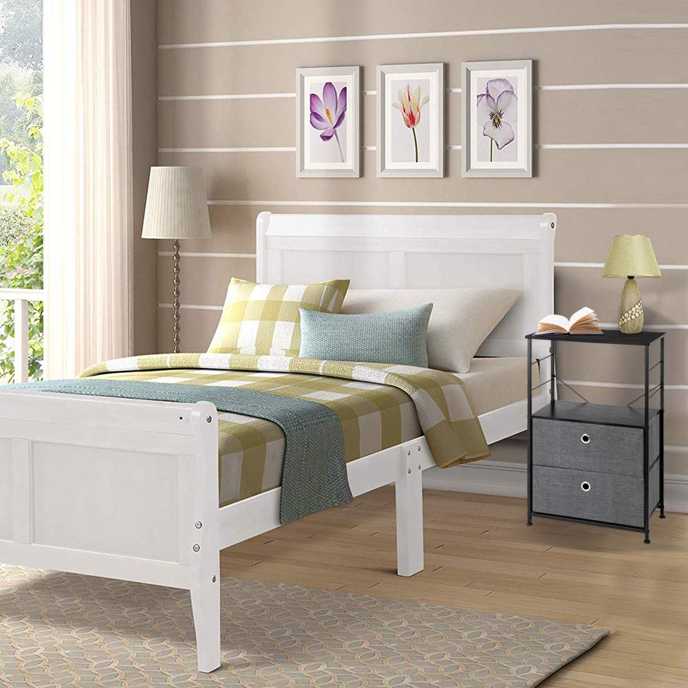 2-Drawer Nightstand with Shelf Storage - Modern Bedside Table for Bedroom, Office & Dorm | Steel Frame & Wood Top with Easy-Pull Fabric Bins | Space-Saving Home Decor for Small Spaces (Grey)