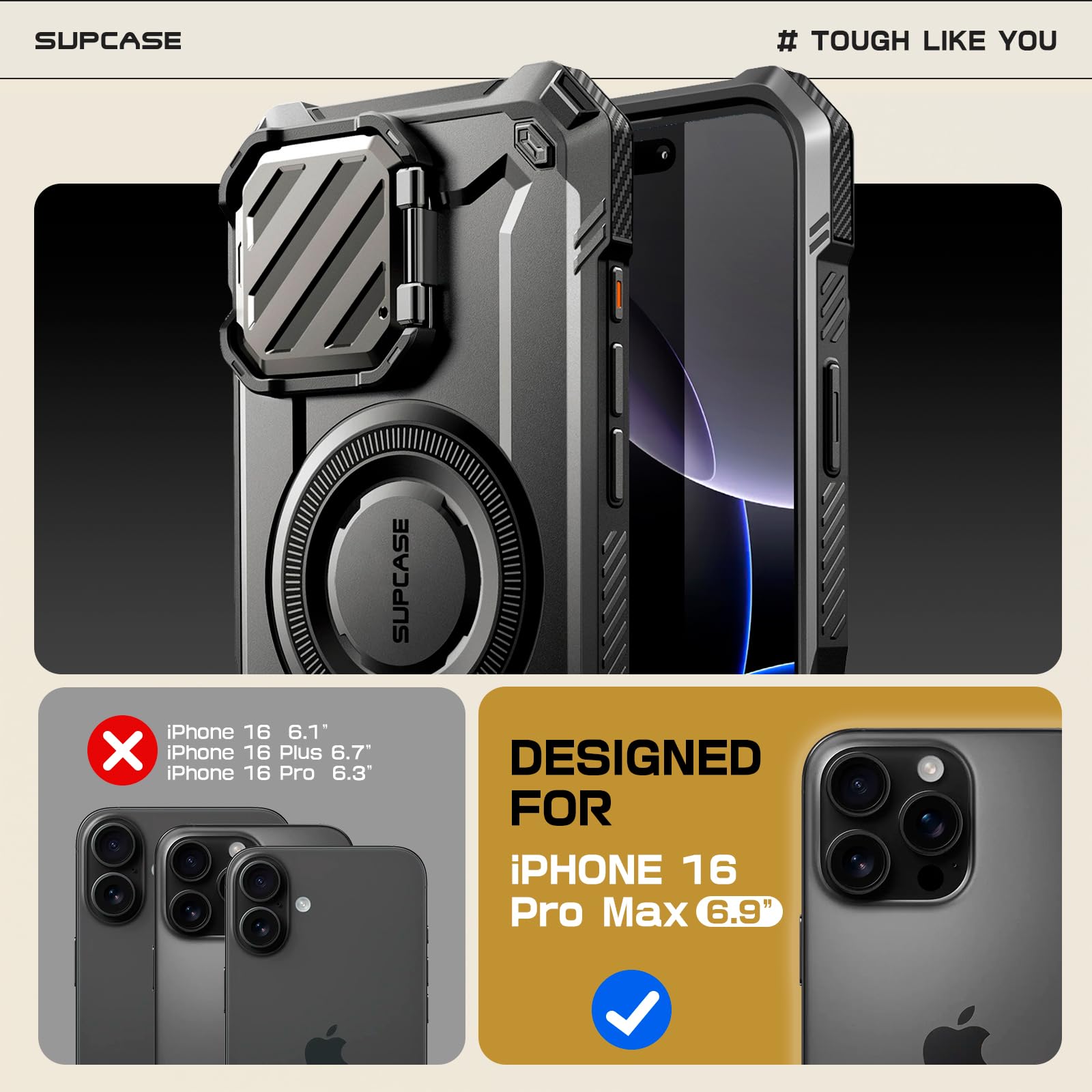 SUPCASE iPhone 16 Pro Max Case with Camera Cover & Kickstand - Military-Grade Rugged Magnetic Phone Case | Magsafe Compatible | Shockproof Protection | Perfect for Outdoor Adventures, Work & Travel - Black