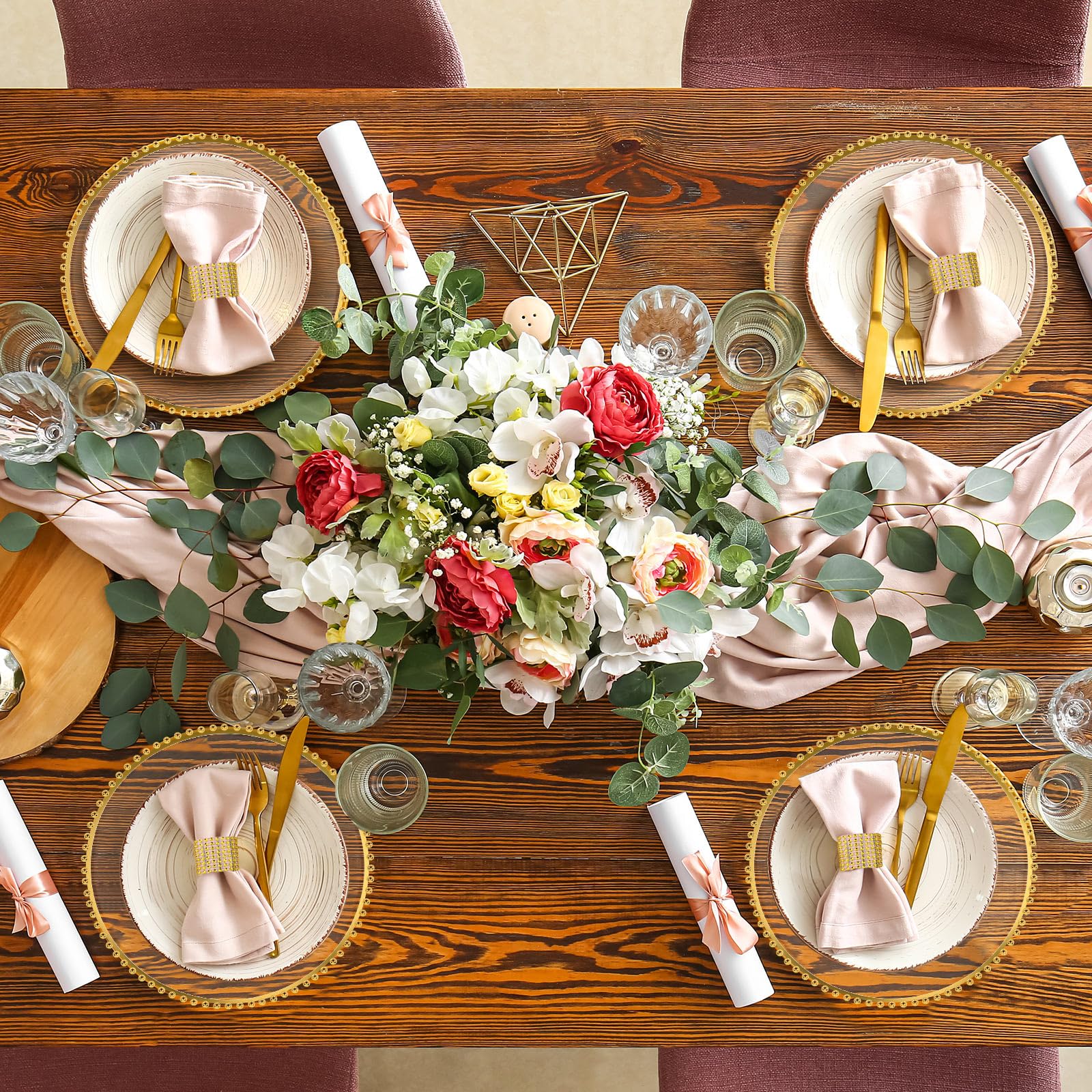 Uiifan 100 Pcs 50 Sets Clear Gold Charger Plates & Napkin Rings - 13 Inch Plastic Beaded Rim Acrylic Dinner Plates for Wedding, Party, Banquet Table Decorations - Elegant Table Setting for Formal Events & Holiday Dinners