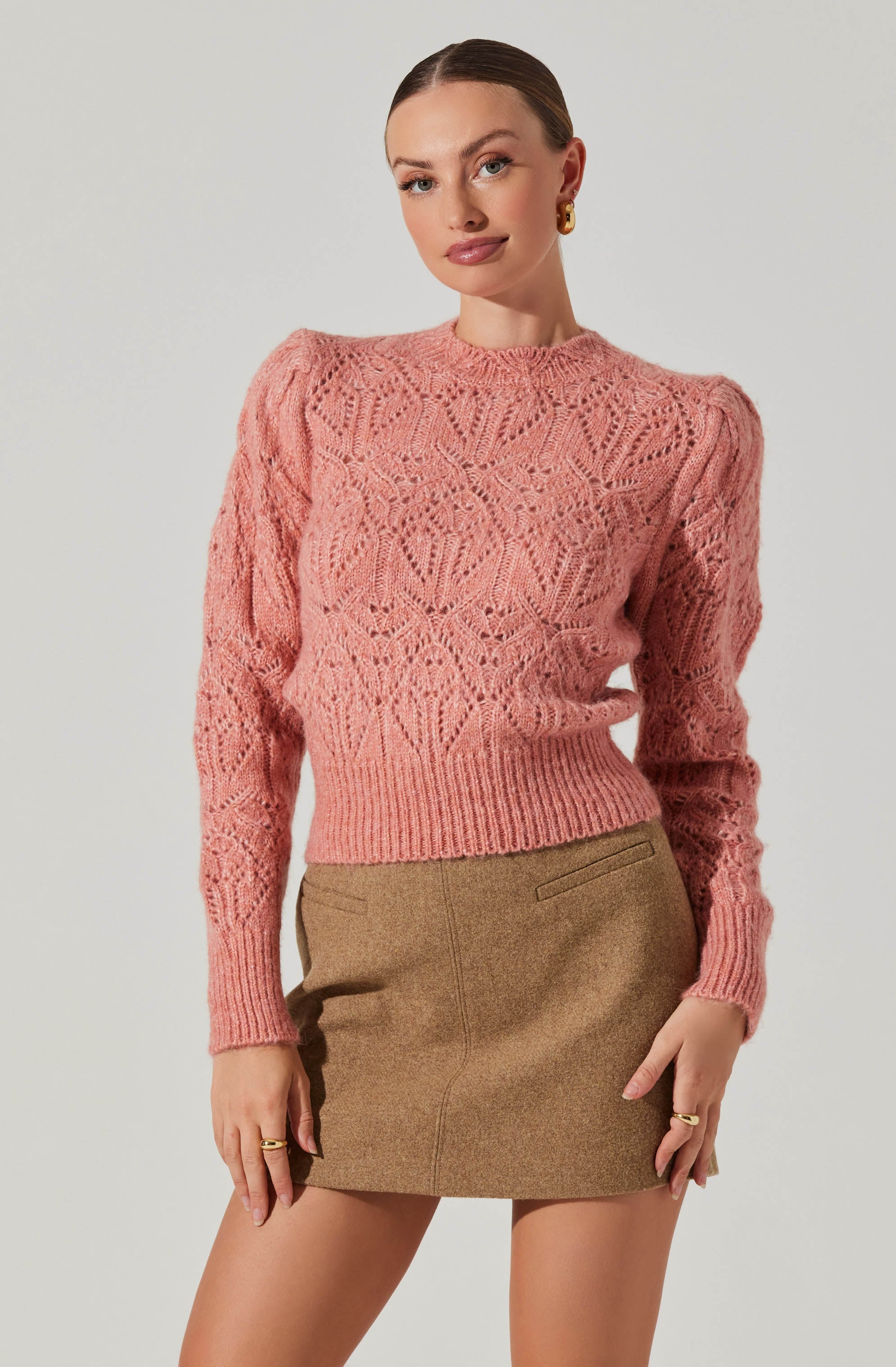 Evy Pointelle Puff Sleeve Sweater - Women's Knit Pullover with Lace Detailing for Fall & Winter | Cozy Office Wear & Casual Outfits