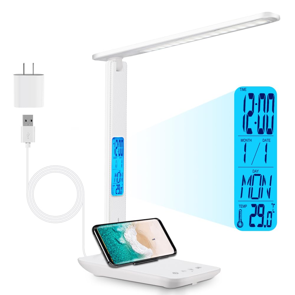Rechargeable LED Desk Lamp with Clock - Adjustable Brightness & 3 Lighting Modes, Battery Powered Eye-Caring Study Lamp for Home Office, Reading, and Nightstand Use - Perfect for Work, Study, and Bedside Lighting