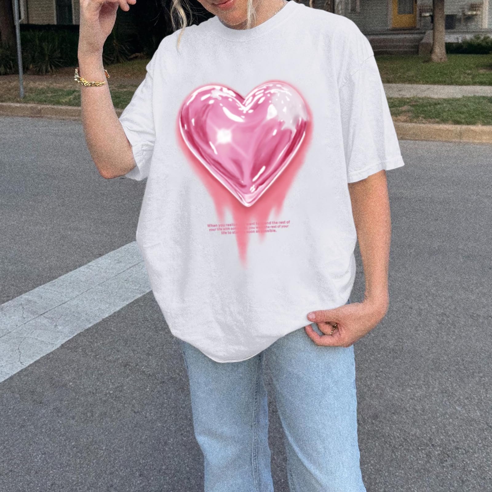 KIEKIECOO Women's Oversized Graphic Tees - Cute Casual Cotton T-Shirts for Teens & Girls (Heart Print, Loose Fit) | Perfect for Streetwear, Daily Outfits & Summer Fashion