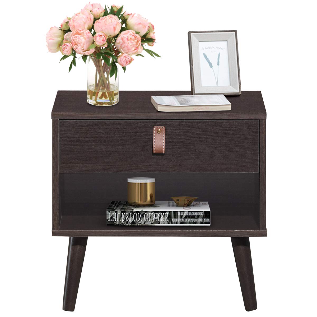 Mid-Century Modern Wooden Nightstand with Drawer and Shelf - Bedside End Table for Bedroom, Living Room & Sofa - Perfect for Storing Books, Lamps & Bedroom Essentials