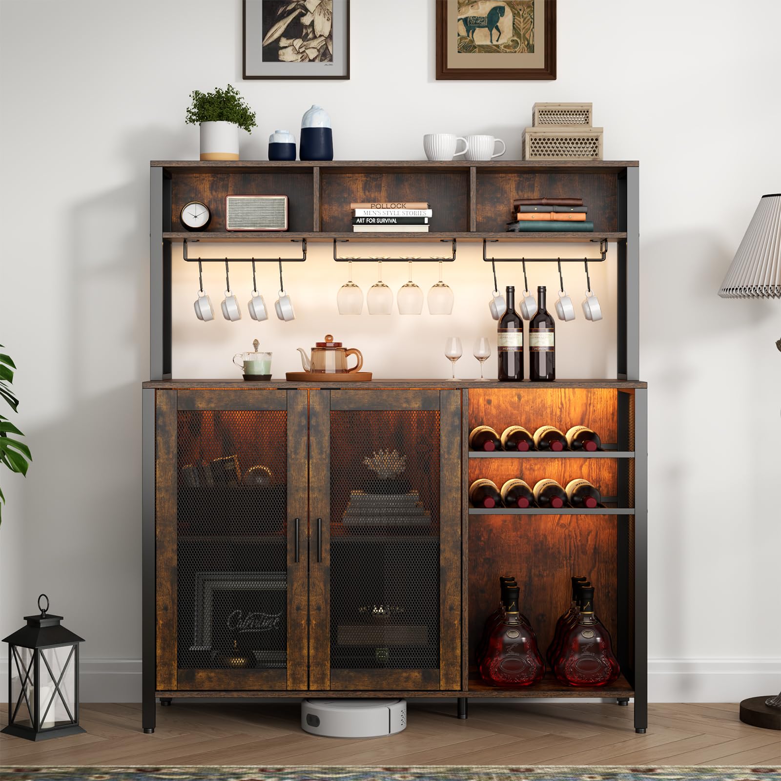 Industrial Wine Bar Cabinet with LED Lights - Rustic Brown Coffee Bar with Wine Rack, Glass Holder & 3 Storage Compartments - Kitchen Buffet Sideboard & Liquor Cabinet for Home Bar, Dining Room or Entertainment Area