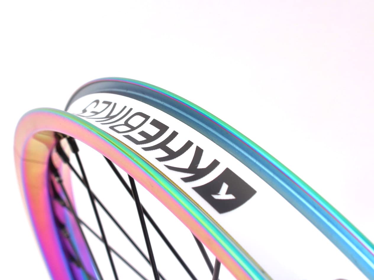 Premium KHE BMX Wheel Set - Oil Slick Aluminium Rim, MVP 36H, 14mm 9T Sprocket with Rim Tape - Perfect for BMX Racing, Street Riding & Freestyle Tricks