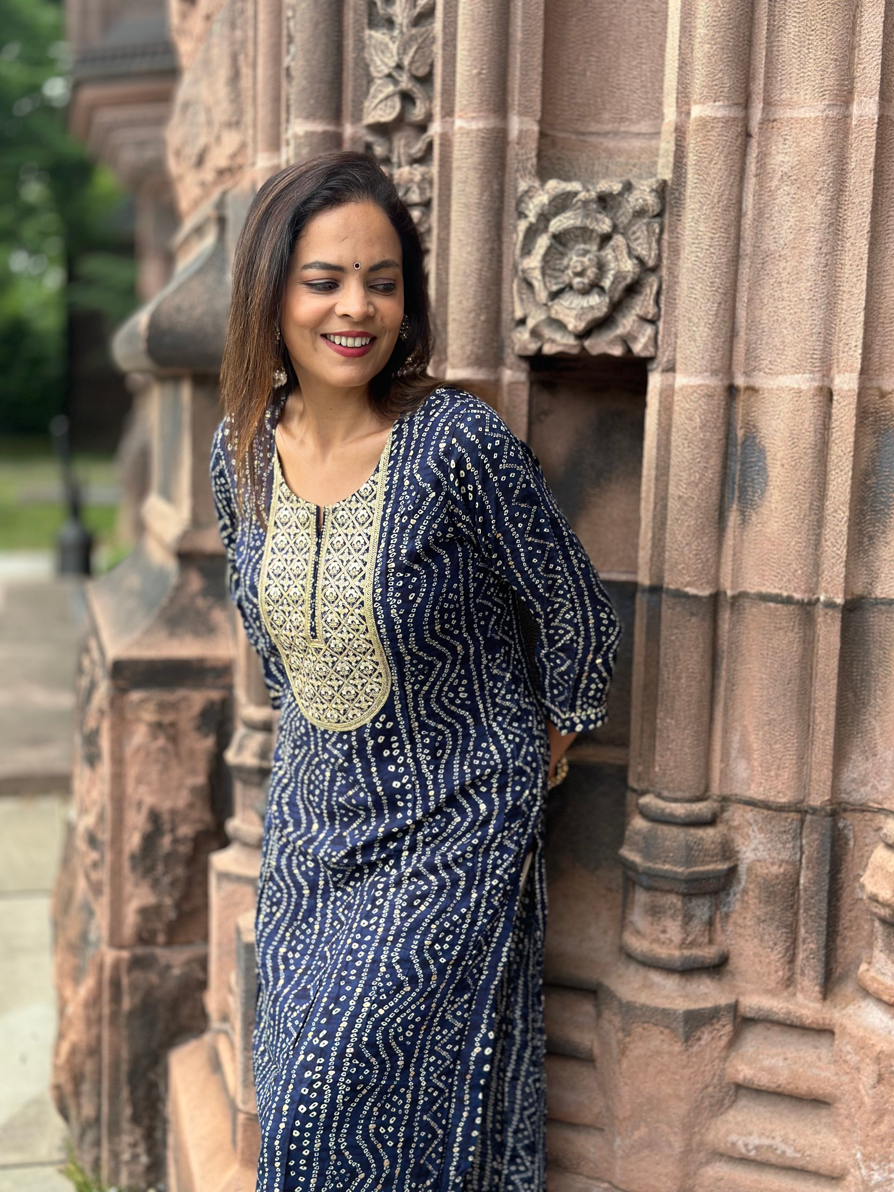 Navy Blue Viscose Rayon Bandhani Embroidered Straight Kurta for Women | Traditional Indian Ethnic Wear | Perfect for Festivals, Weddings & Casual Outings