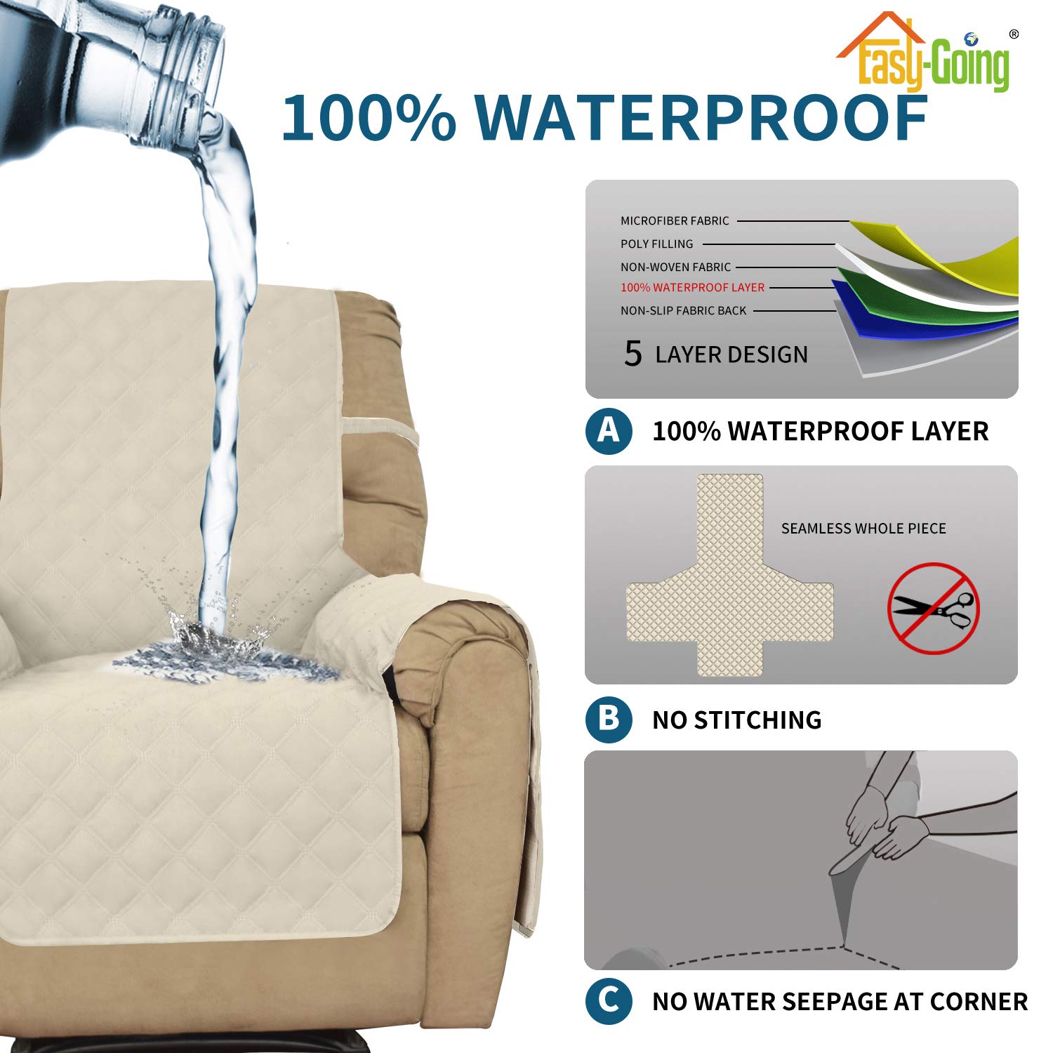 Waterproof Oversized Recliner Chair Cover - Non-Slip Sofa Slipcover for Living Room, Washable Furniture Protector for Pets & Kids (Dog, Cat) - Ivory - Perfect for Family Gatherings, Movie Nights & Pet-Friendly Homes