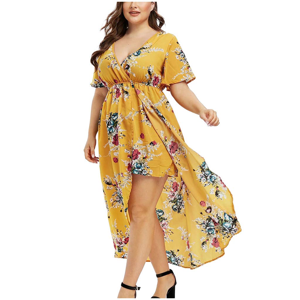 Plus Size Floral Short Sleeve Maxi Romper Dress - Women's Asymmetrical High-Low Party Dress with Side Slit | Perfect for Summer Weddings, Beach Vacations & Cocktail Parties