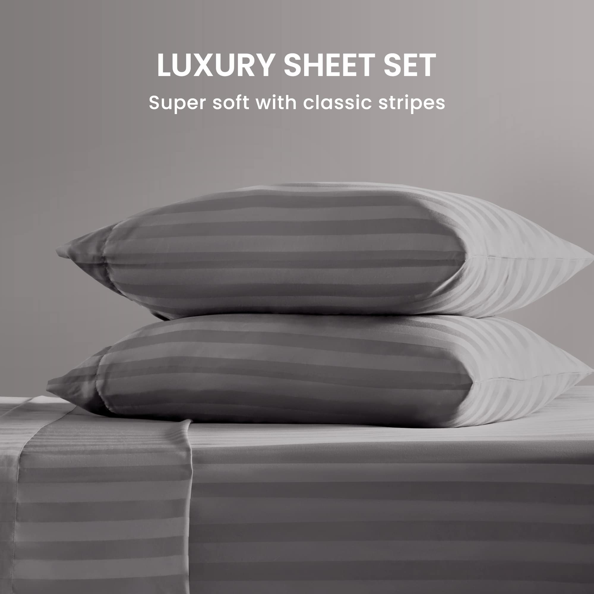 Cooling Queen Sheets Set 4-Piece - Super Soft Striped Bed Sheets with Deep Pockets | Fitted & Flat Sheet + Pillowcases | Easy Care, Breathable Gull Grey | Perfect for Hot Sleepers & Summer Nights